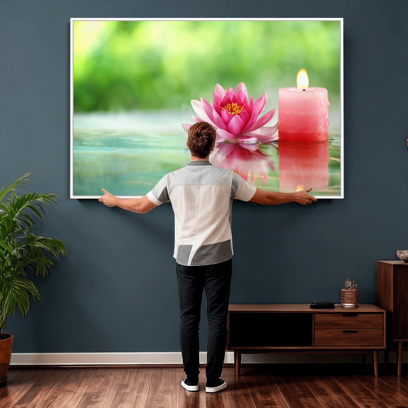 17661715-MGV-CV-36X24 - Zen Lotus Candle Canvas Wall Art Pink Spa Meditation Relaxation Green Bokeh Framed Large for Bathroom Bedroom Living Room Office Decor