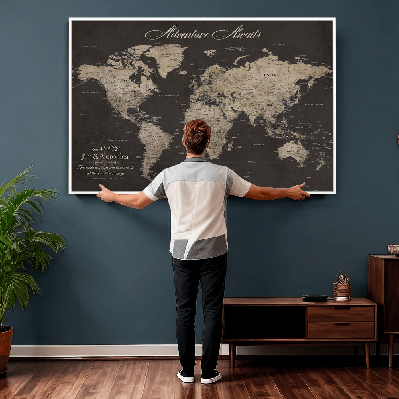 56556018136C-MGV-CV-36X24 - Custom World Map with Pins Canvas Wall Art Dark Charcoal Antique Tan Detailed Every Country Labeled Framed Large for Home Office Living Room Bedroom Decor