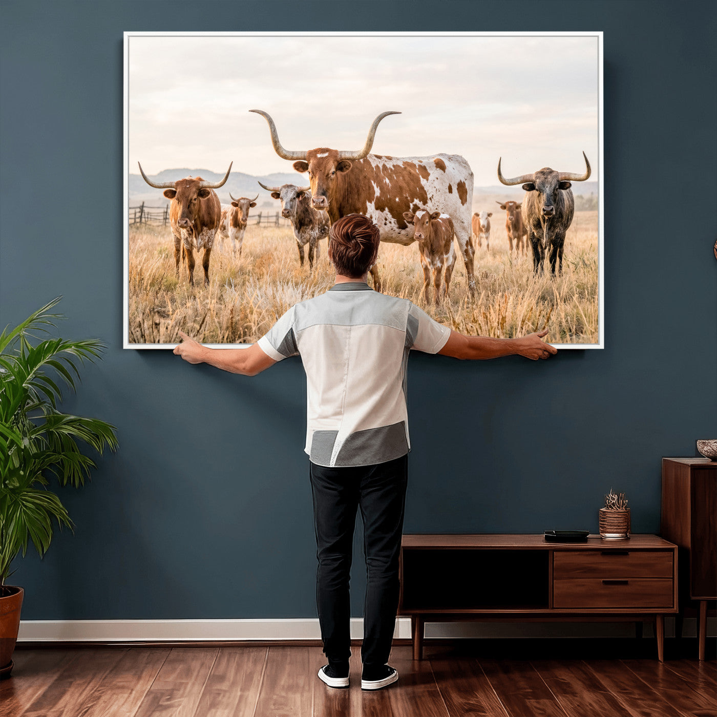62336425AC-MGV-CV-36X24 - Texas Longhorn Canvas Wall Art, Rustic Farm Animal Photography Print, Farmhouse Country Decor, Western Ranch Art