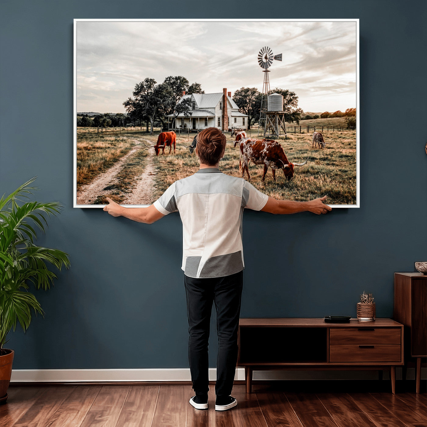 92429425-MGV-CV-36X24 - Texas Longhorn Ranch Wall Art Canvas Print, Rustic Western Farmhouse Decor, Country Landscape Canvas Wall Art, Vintage Cowboy Ranch Picture