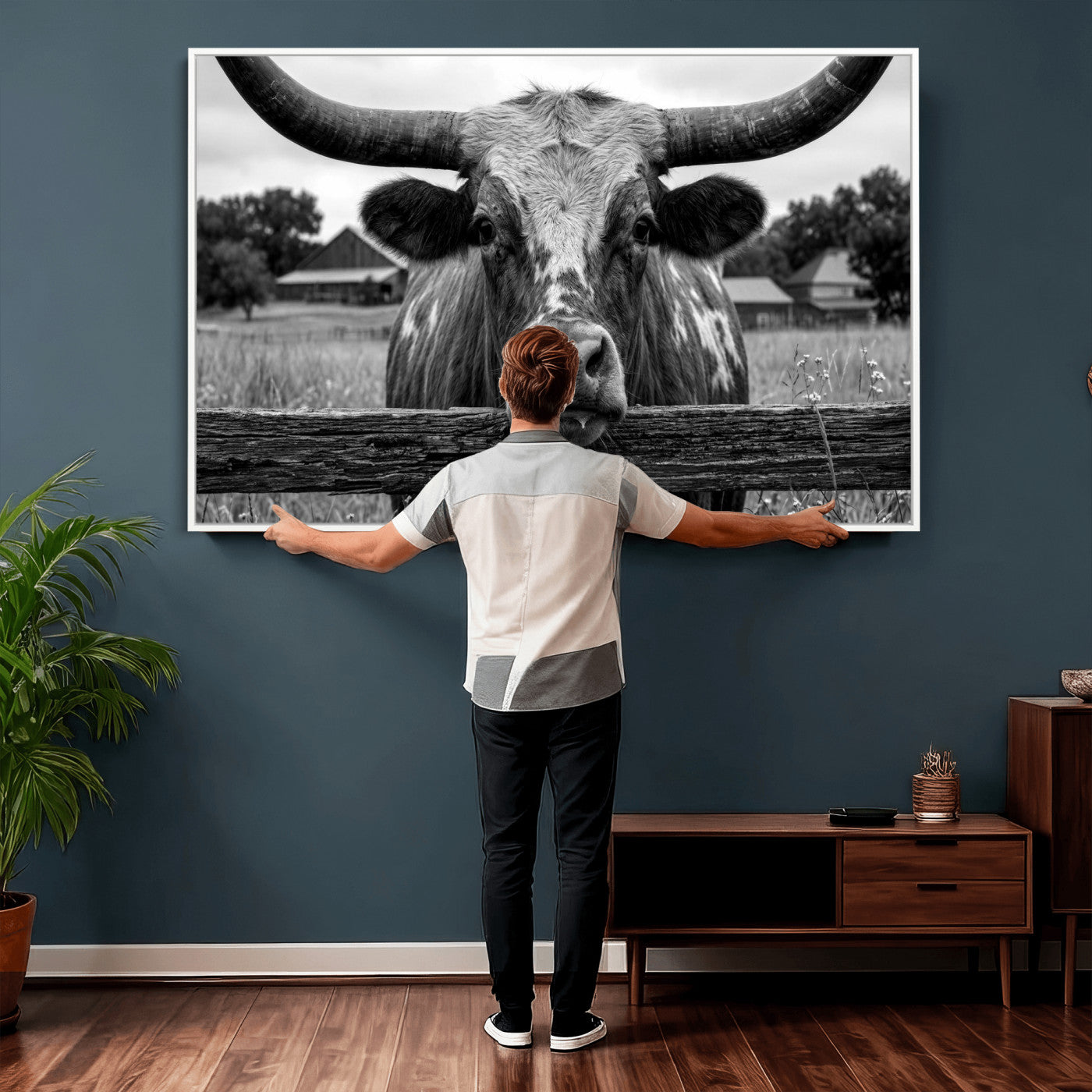 59378683B-MGV-CV-36X24 - Black White Texas Longhorn Bull Canvas Wall Art, Western Ranch Cattle Photography Print, Rustic Farmhouse Cowboy Decor Artwork