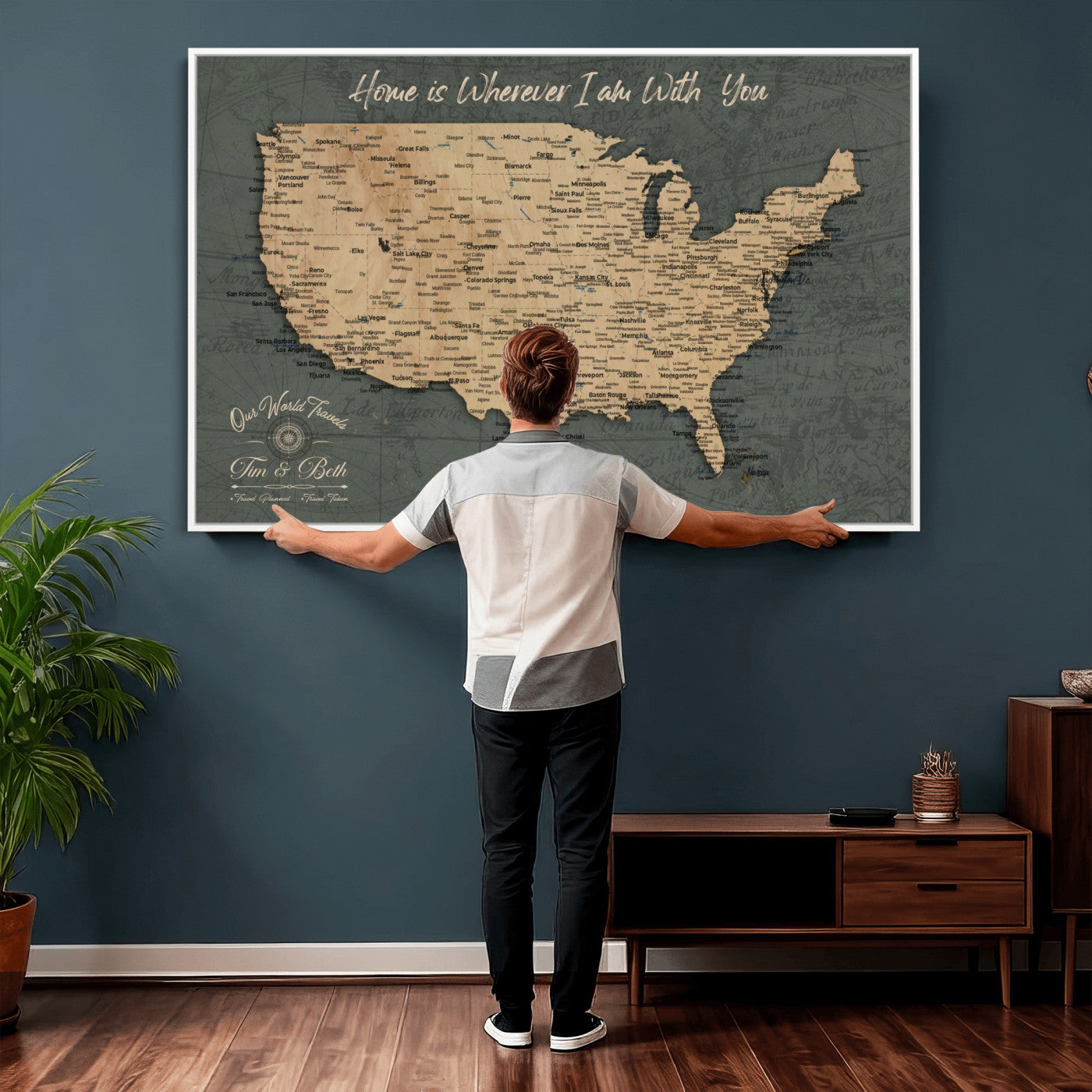 41270900-MGV-CV-36X24 - Custom Push Pin US Map Canvas | Personalized Travel Tracker | USA Cities Map Anniversary Gift for Couples | Adventure America Map Wall Art with Pins