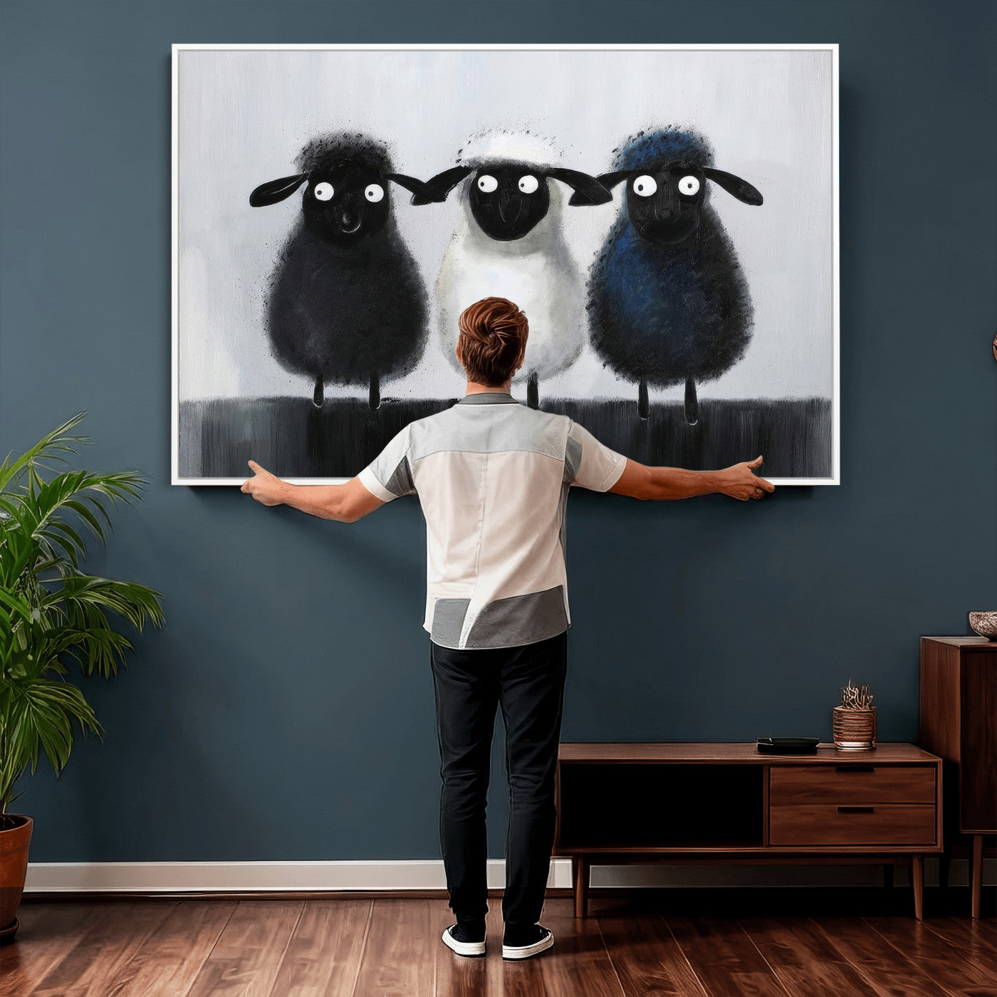 45650028-MGV-CV-36X24 - Funny Sheep Canvas Wall Art, Three Quirky Sheep Painting Print, Cute Animal Nursery Decor, Black White Navy Farmhouse Art, Kids Room Gift