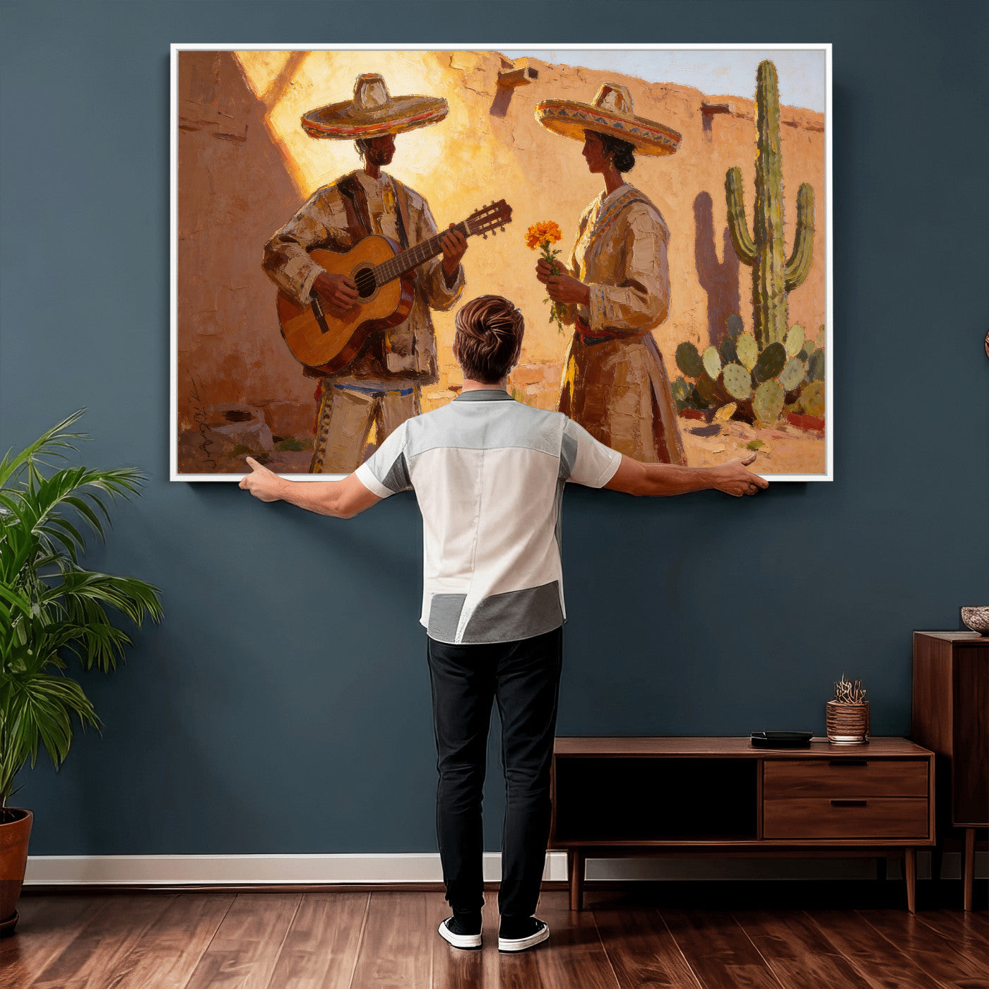 41849005-MGV-CV-36X24 - Mexican Couple Canvas Wall Art, Romantic Serenade Guitar Painting Print, Southwestern Desert Adobe Decor, Warm Golden Folk Art, Living Room Art