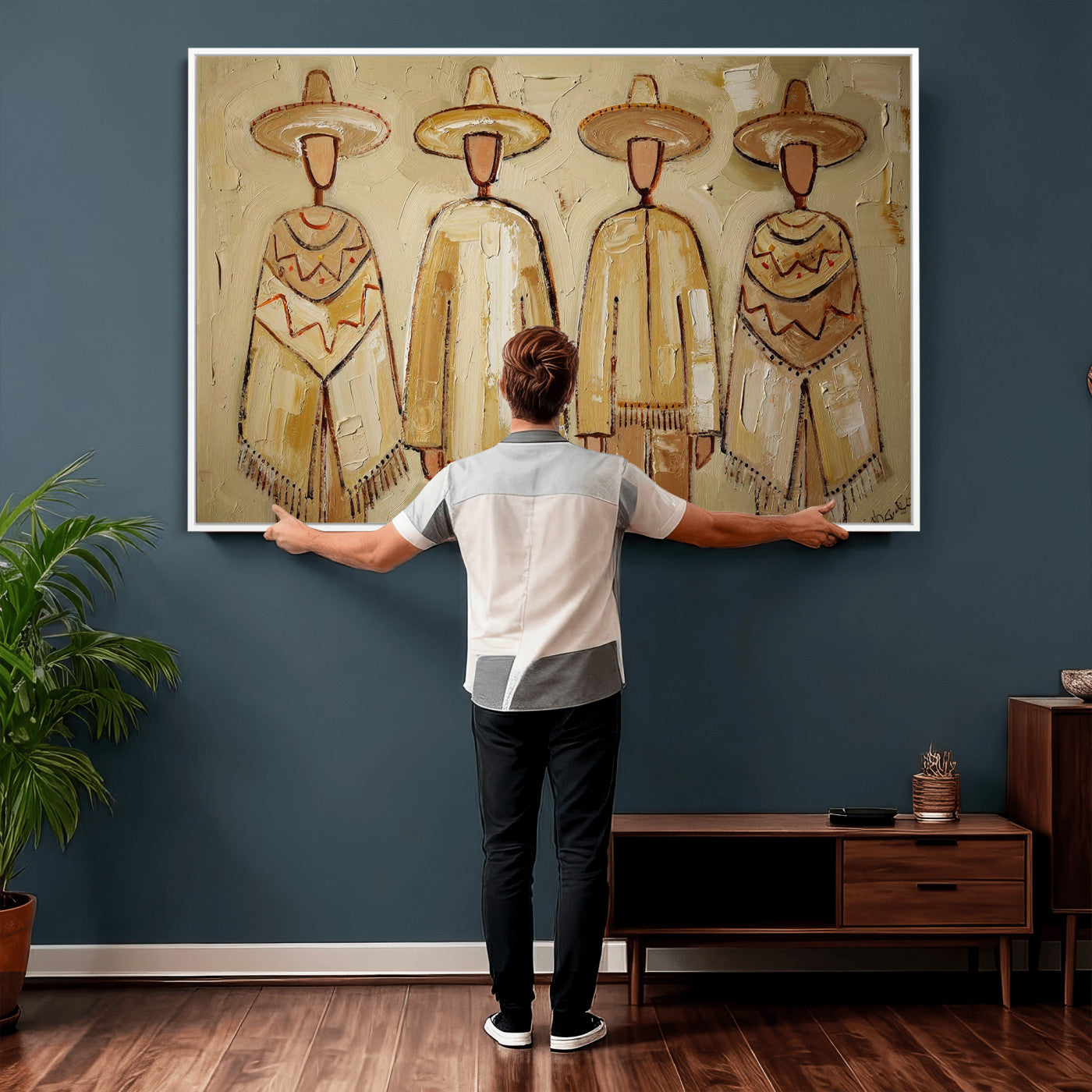 46071653-MGV-CV-36X24 - Mexican Folk Art Canvas Wall Art, Charro Poncho Sombrero Painting Print, Neutral Beige Boho Decor, Southwestern Impasto Style, Living Room Art