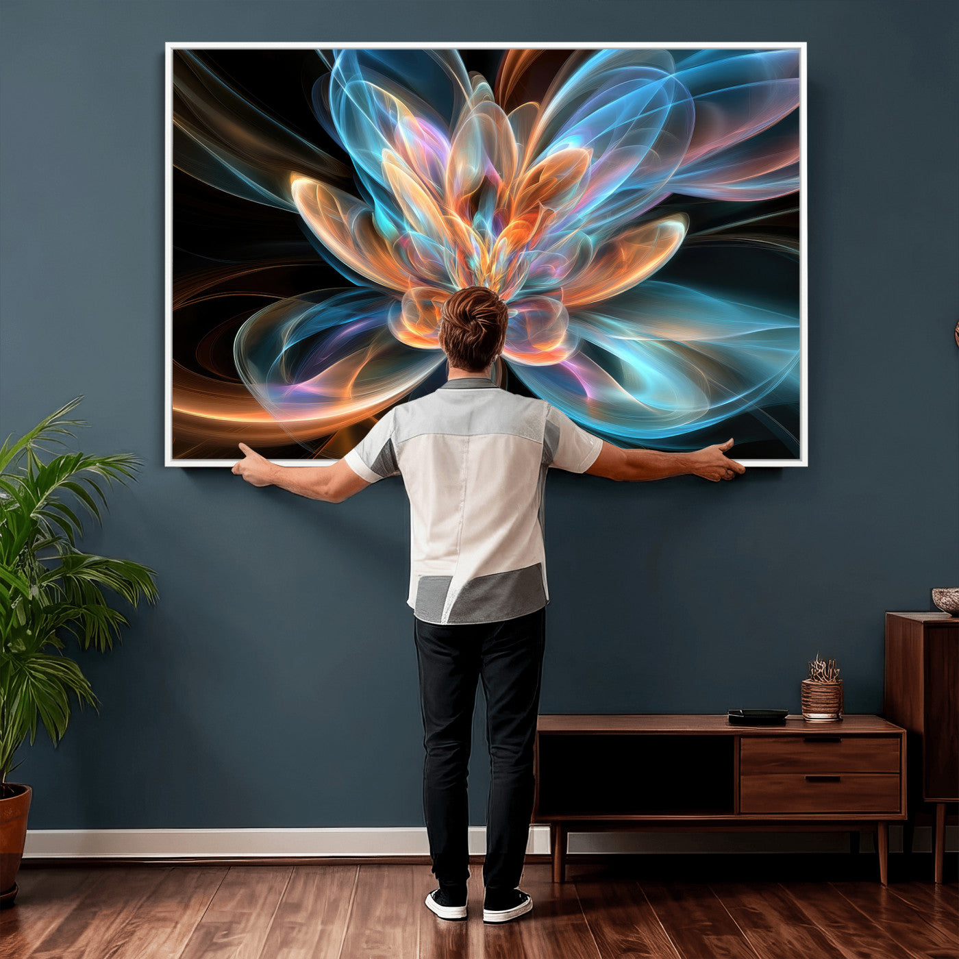 91902283-MGV-CV-36X24 - Fractal Lotus Canvas Wall Art, Blue Orange Glowing Flower Abstract Print, Modern Zen Meditation Room Decor, Ethereal Digital Art, Living Room