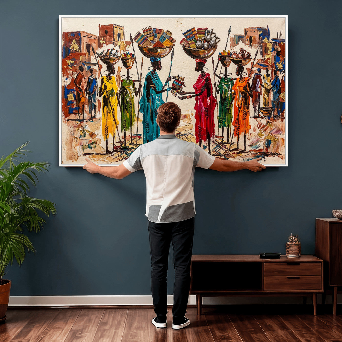 54818657-MGV-CV-36X24 - African Folk Art Canvas Wall Art, Colorful African Women Village Painting Print, Tribal Ethnic Home Decor, Vibrant African Art, Living Room