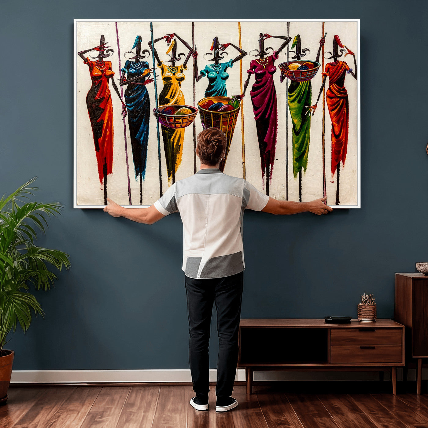 53545627-MGV-CV-36X24 - African Folk Art Canvas Wall Art, Colorful African Women Village Painting Print, Tribal Ethnic Home Decor, Vibrant African Art, Living Room
