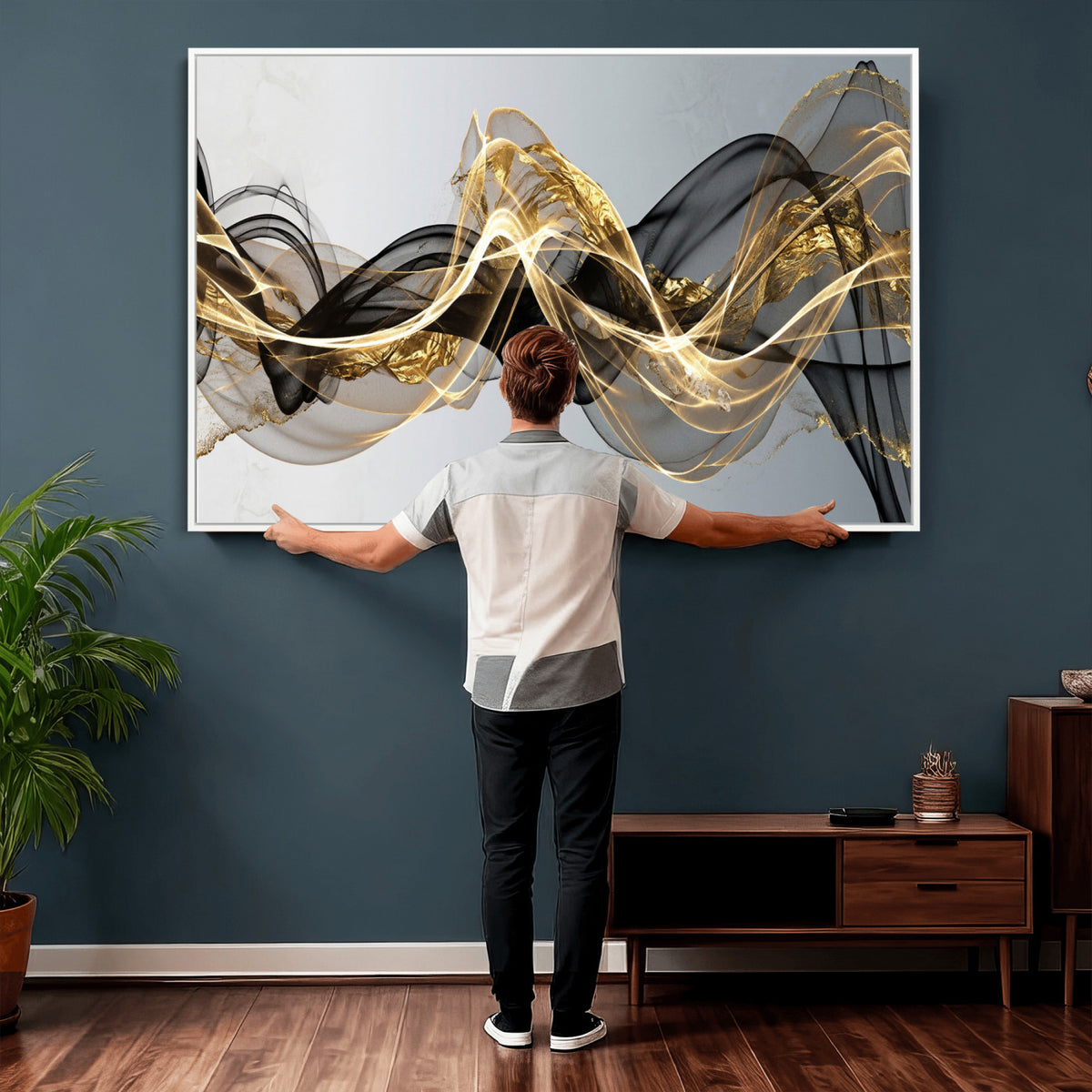 79483321DL-MGV-CV-36X24 - Black and Gold Abstract Wall Art, Modern Wave Canvas Print, Elegant Flowing Smoke Art, Luxury Living Room Decor