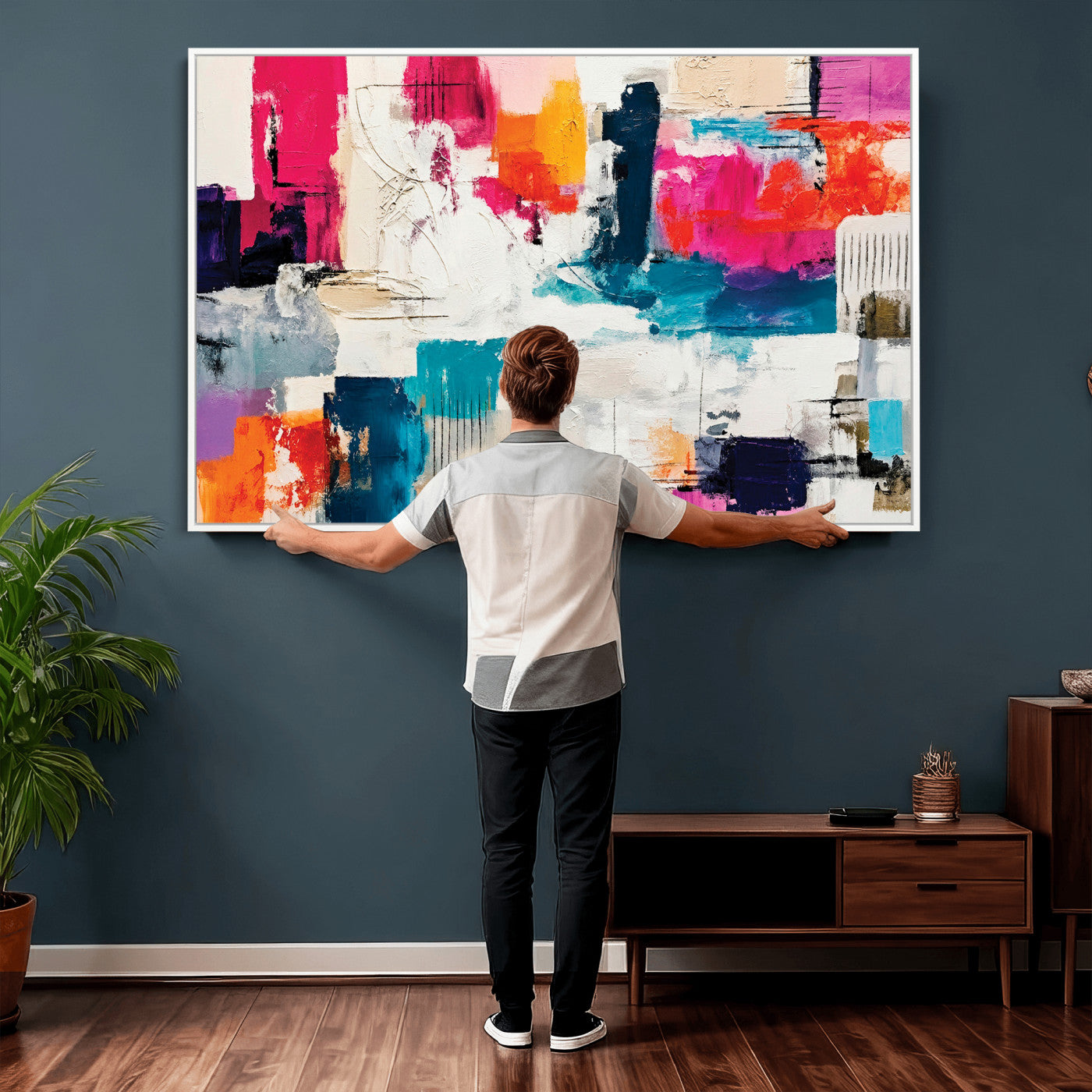 57864023-MGV-CV-36X24 - Blue Teal Abstract Canvas Wall Art | Modern Textured Painting Print, Navy Orange White Contemporary Art, Neutral Living Room Decor, Office Art