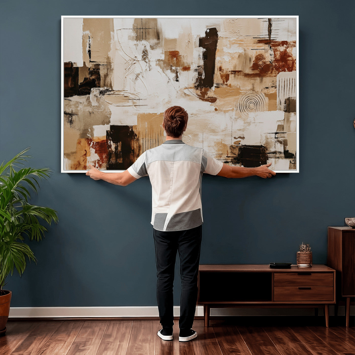 26560159-MGV-CV-36X24 - Blue Teal Abstract Canvas Wall Art, Modern Textured Painting Print, Navy Orange White Contemporary Art, Neutral Living Room Decor, Office Art