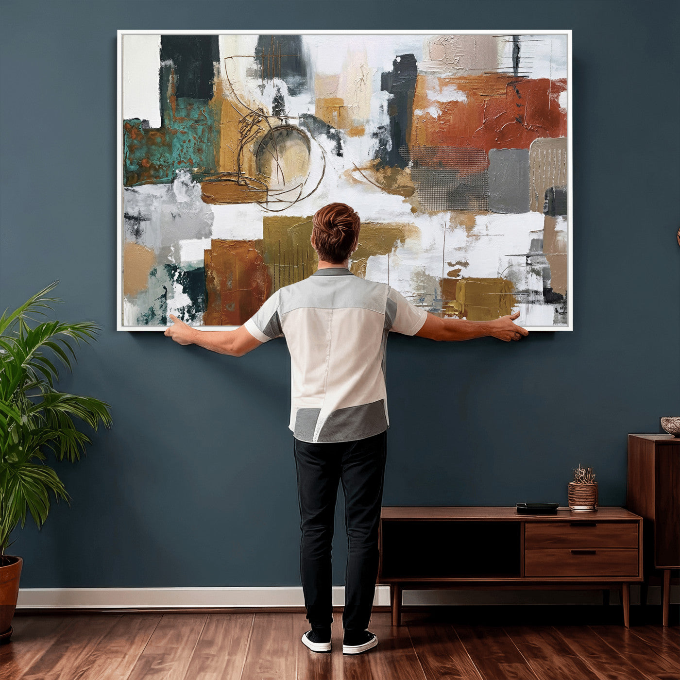 50720312-MGV-CV-36X24 - Blue Teal Abstract Canvas Wall Art, Modern Textured Painting Print, Navy Orange White Contemporary Art, Neutral Living Room Decor, Office Art