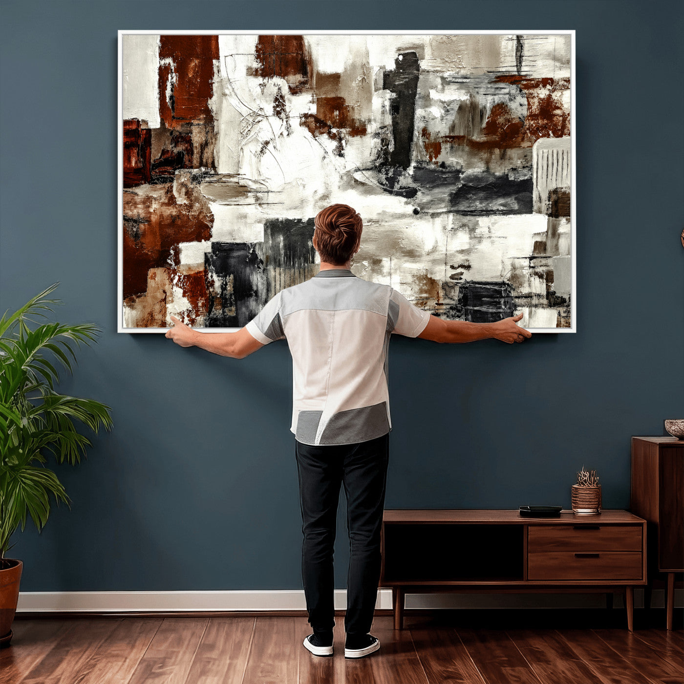53022468-MGV-CV-36X24 - Blue Teal Abstract Canvas Wall Art, Modern Textured Painting Print, Navy Orange White Contemporary Art, Neutral Living Room Decor, Office Art
