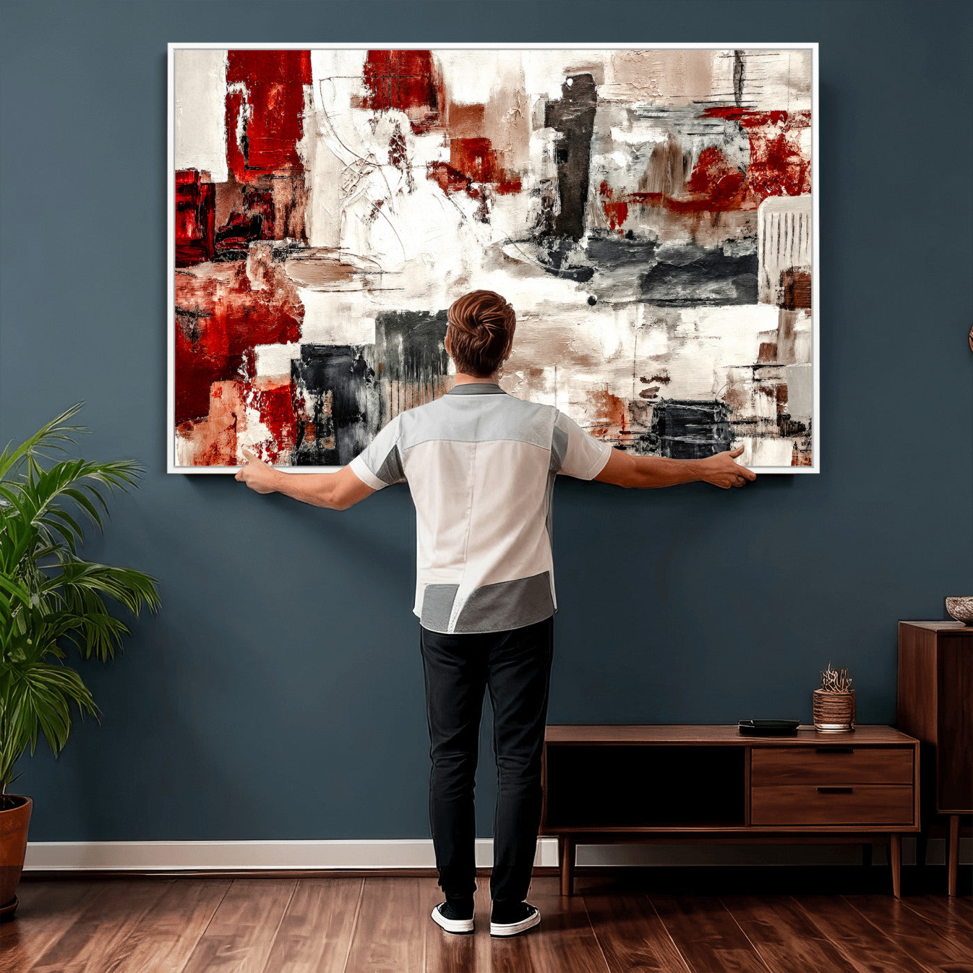 53022468-MGV-CV-36X24 - Blue Teal Abstract Canvas Wall Art, Modern Textured Painting Print, Navy Orange White Contemporary Art, Neutral Living Room Decor, Office Art