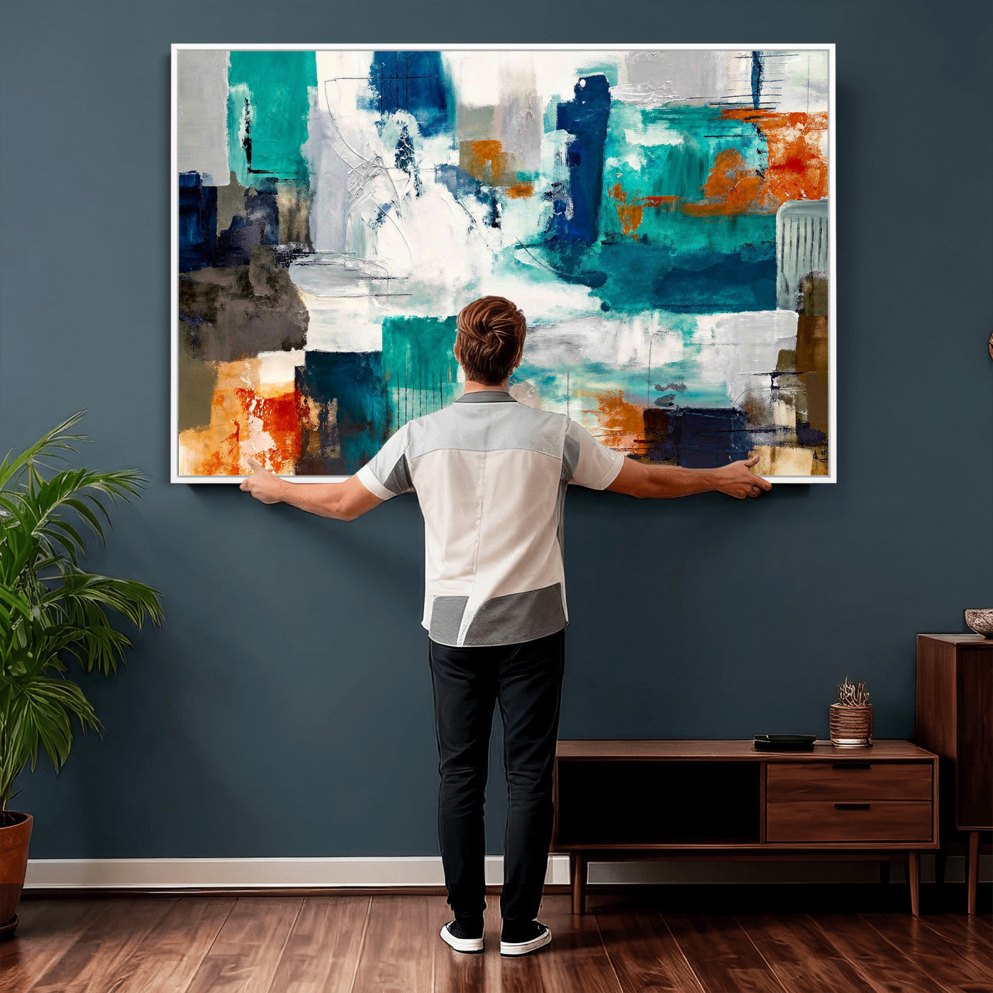 44038089-MGV-CV-36X24 - Blue Teal Abstract Canvas Wall Art, Modern Textured Painting Print, Navy Orange White Contemporary Art, Neutral Living Room Decor, Office Art