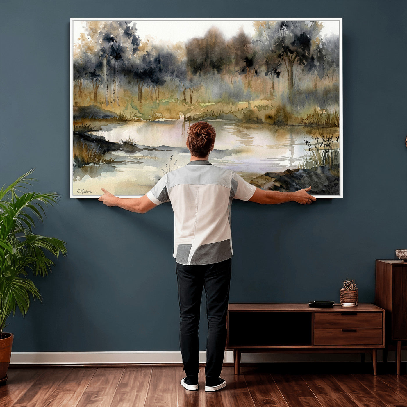 27383609-MGV-CV-36X24 - Abstract WatercolorAutumn Lake Canvas Wall Art Print, Misty Forest Landscape, Rustic Nature Painting, Cabin Wall Decor, Ready to Hang