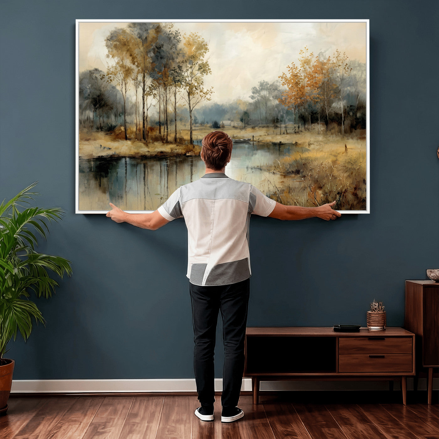 74391095-MGV-CV-36X24 - Abstract WatercolorAutumn Lake Canvas Wall Art Print, Misty Forest Landscape, Rustic Nature Painting, Cabin Wall Decor | Ready to Hang