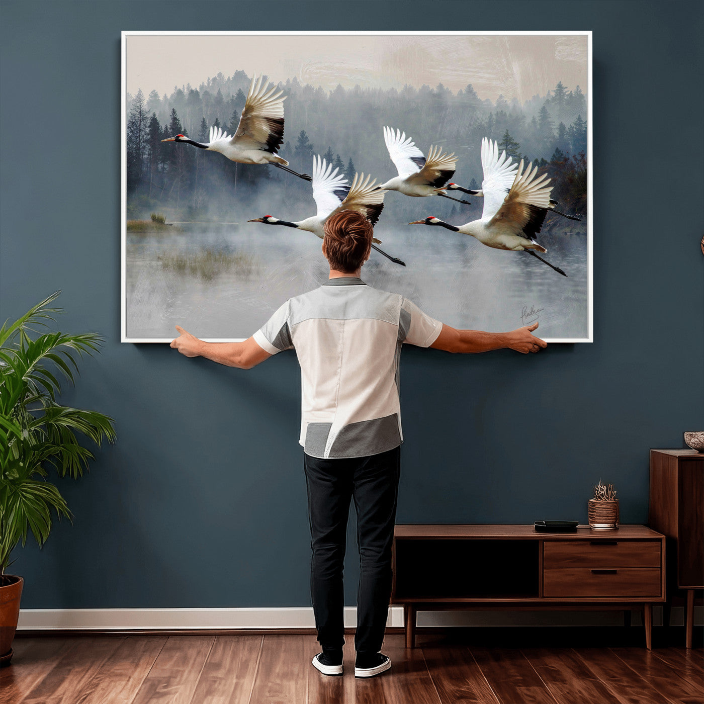 24356826-MGV-CV-36X24 - Flying Crane Canvas Wall Art Print, White Crane Bird Artwork, Wildlife Nature Decor, Lake Landscape Canvas, Ready to Hang