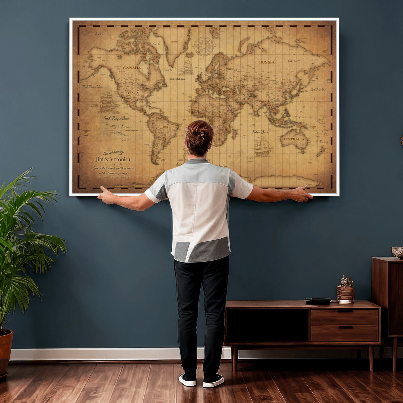 55328610-MGV-CV-36X24 - Personalize Push Pin World Map, Vintage Travel Map Canvas, Custom Names Anniversary Gift, Places Visited Pin Board, Couples Adventure Arts