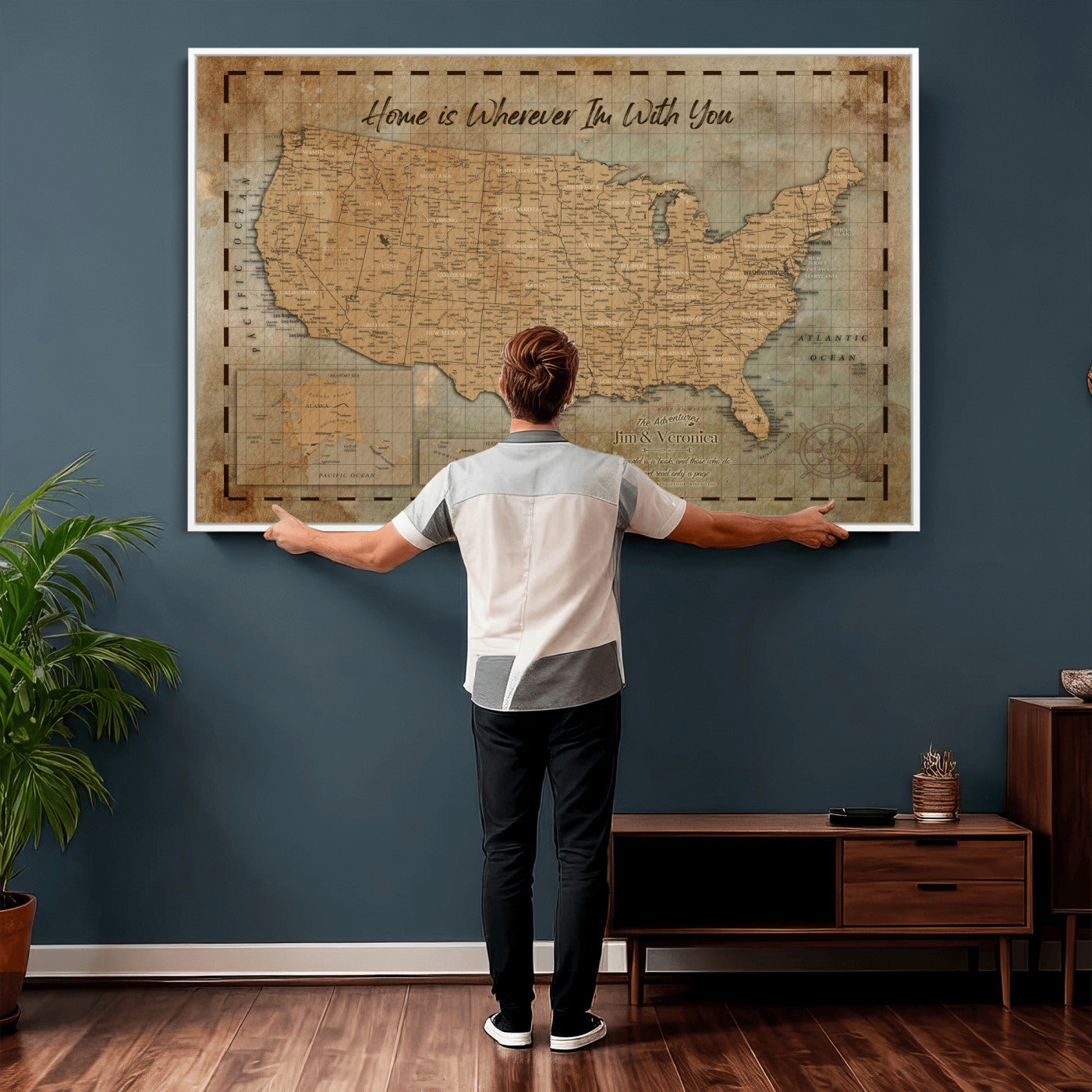 87620242-MGV-CV-36X24 - Personalized USA Push Pin Travel Map, Custom United States Map, Push Pin Map, USA Bucket List Map, Anniversary Gift, Couple Travel Map Wall Art