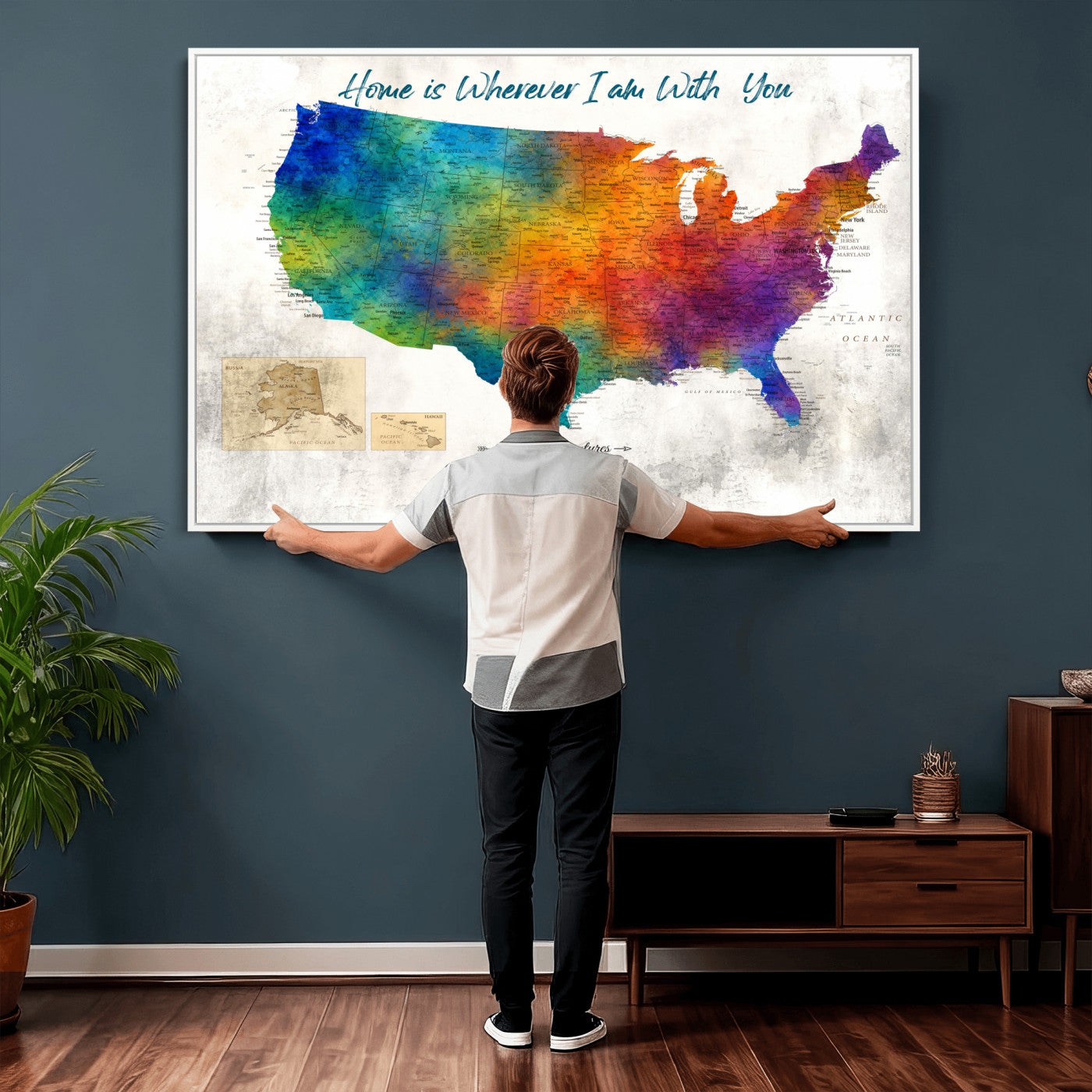 17251793-MGV-CV-36X24 - Watercolor USA Travel Map with Pins Colorful Modern Canvas Wall Art