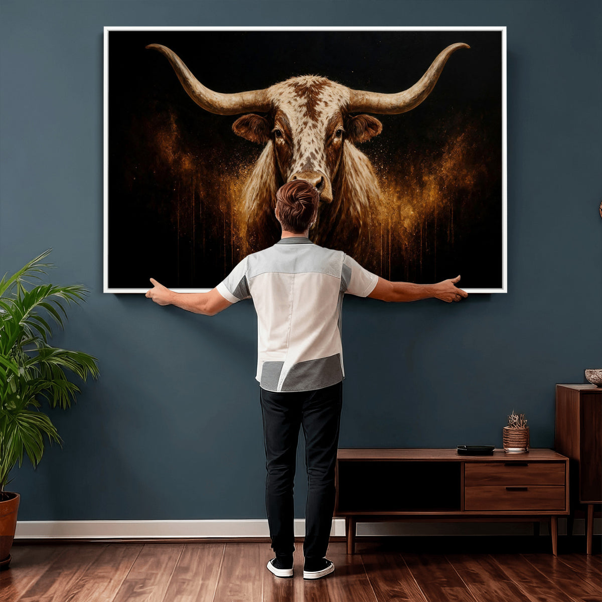 62076449-MGV-CV-36X24 - Texas Bull Cow Longhorn Canvas Wall Art Moody Western Bull Oil Painting Print