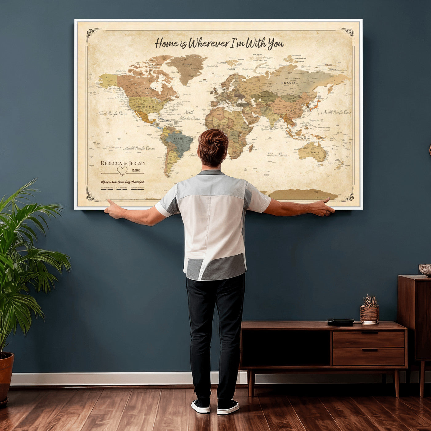 40086165-MGV-TP-30X20 - Framed Vintage Custom Push Pin World Map Canvas Print – Personalized Travel Map Wall Art