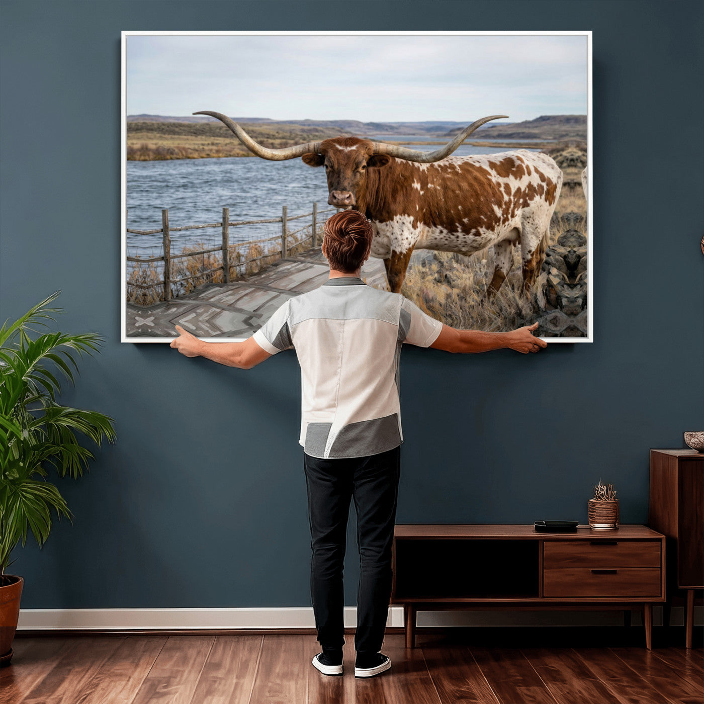 91575949-MGV-CV-36X24 - Texas Longhorn Cattle in Desert Pasture Wall Art Canvas Print - Rustic Western Decor