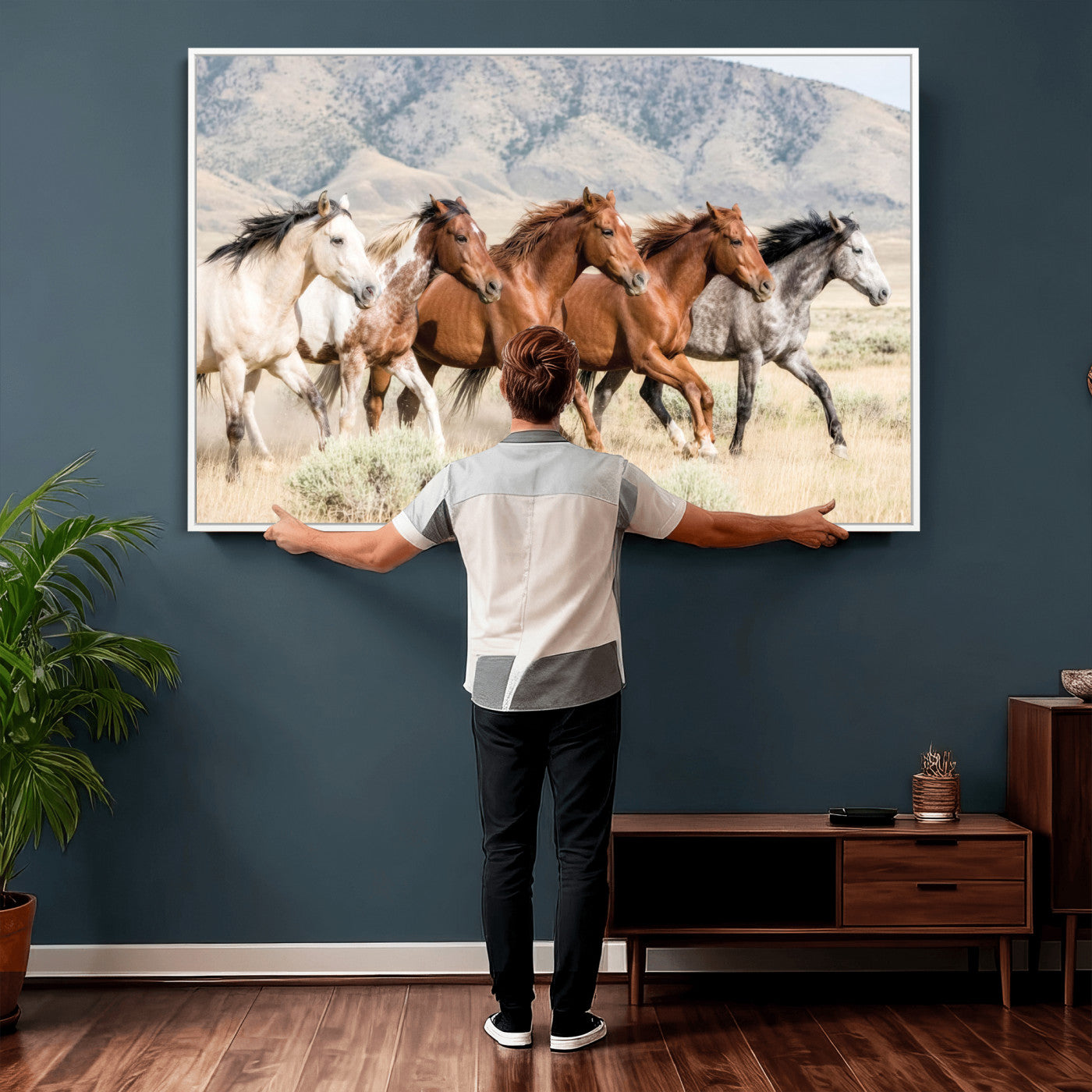 68345893-MGV-CV-36X24 - Five Mustangs Running Wild in Mountain Valley Wall Art Canvas Print - Rustic Western Decor
