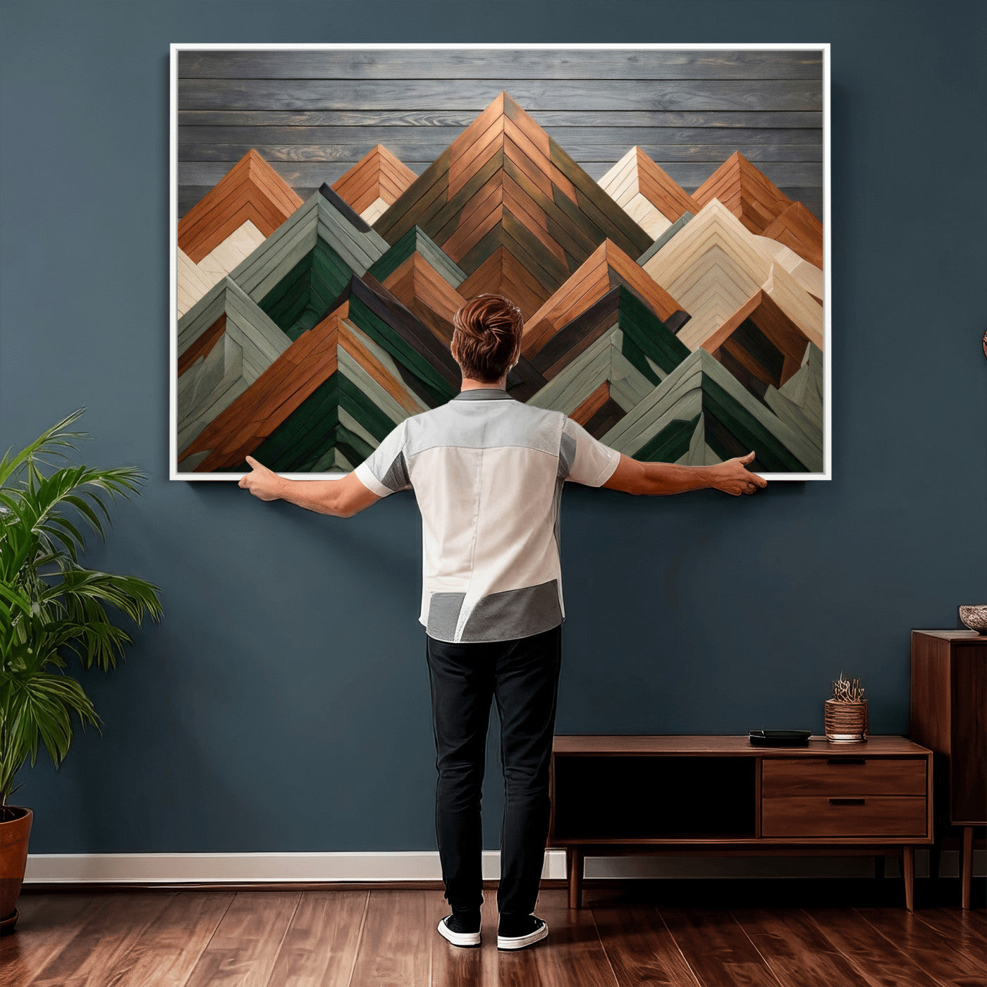 84617347-MGV-CV-36X24 - Geometric Wood Mountain Wall Art Canvas Print, 3D Look Rustic Mosaic Landscape Print