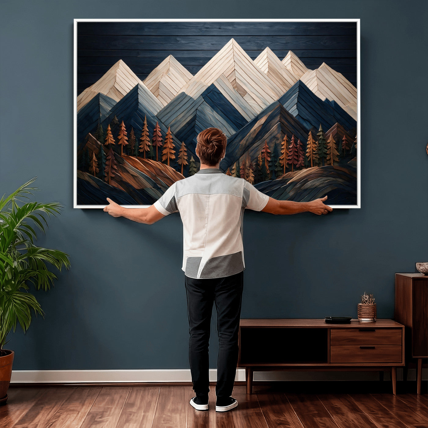 87765072-MGV-CV-36X24 - Geometric Wood Mountain Wall Art Canvas Print, 3D Look Rustic Mosaic Landscape Print