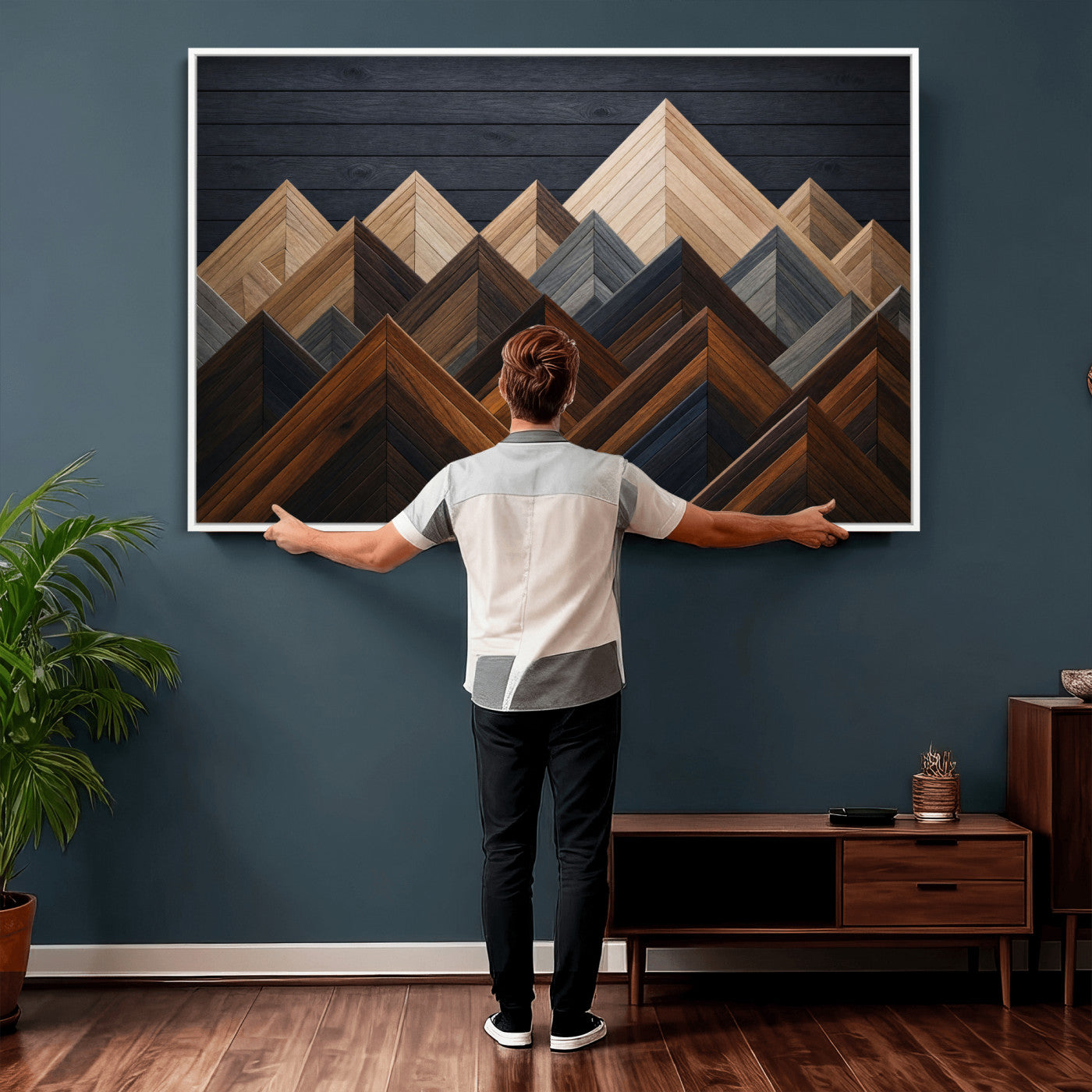 70531117-MGV-CV-36X24 - Geometric Wood Mountain Wall Art Canvas Print, 3D Look Rustic Mosaic Landscape Print