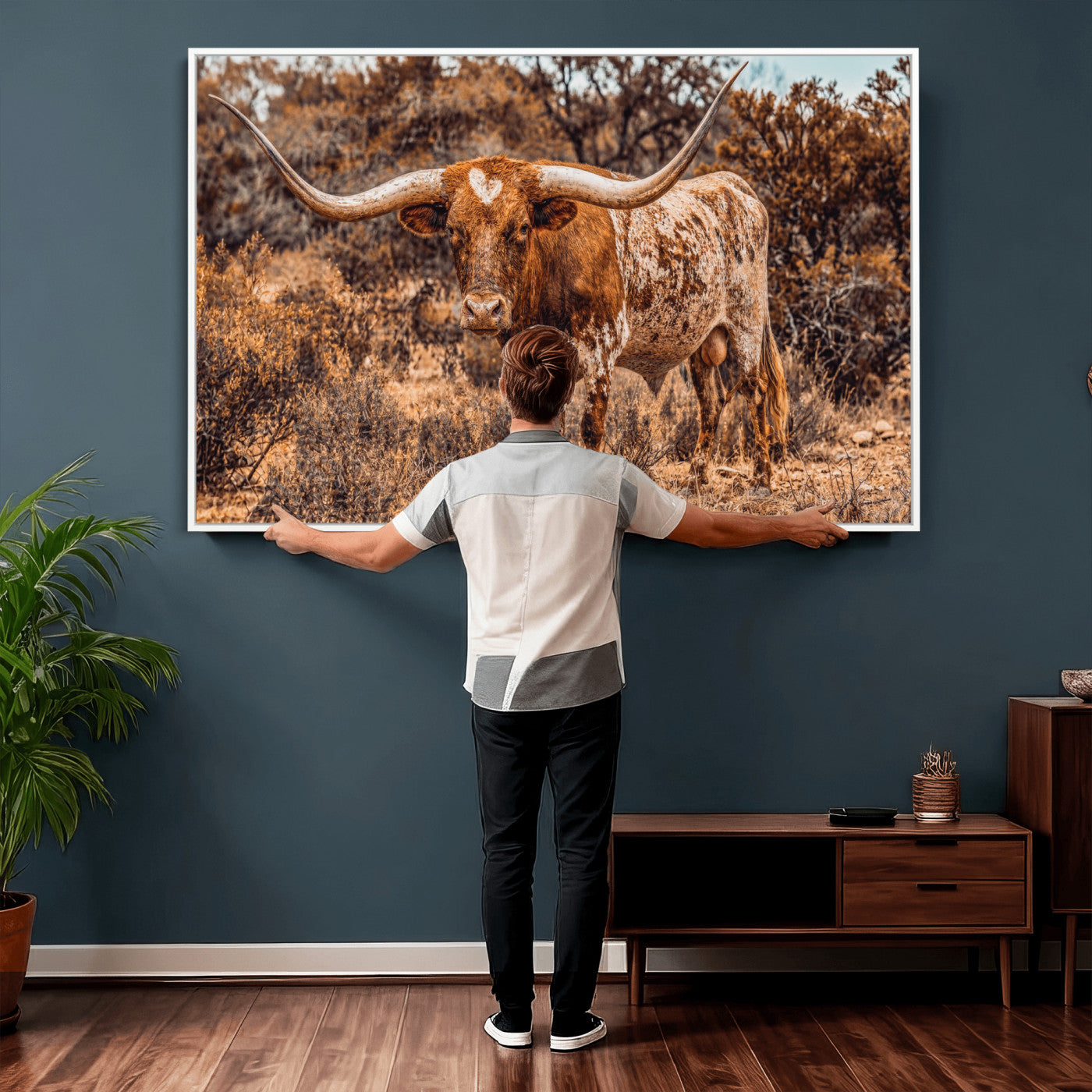 62076449-MGV-CV-36X24 - Texas Cow Bull Longhorn Print for Western Wall Art Decor for Farmhouse