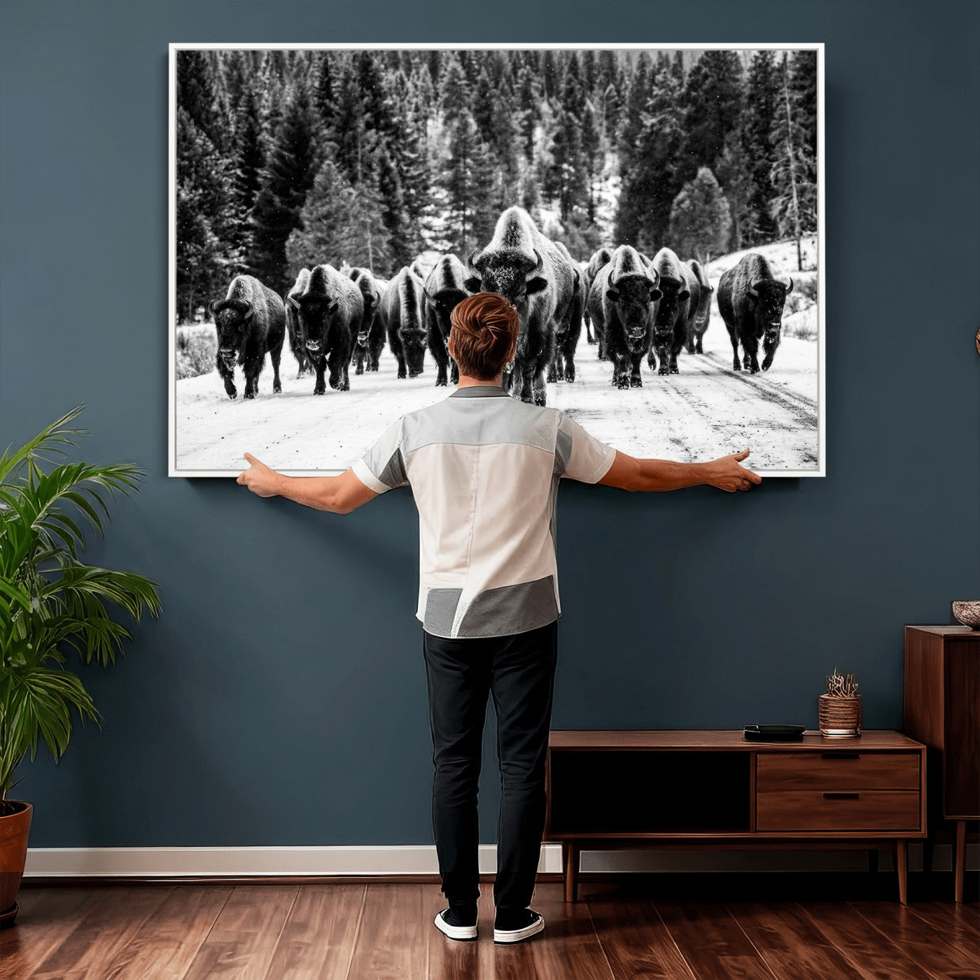 79337077-MGV-CV-36X24 - Black and White Bison Canvas Art, American Buffalo Print, Winter Wildlife Photography, Rustic Forest Wall Decor, Large Statement Nature Gift