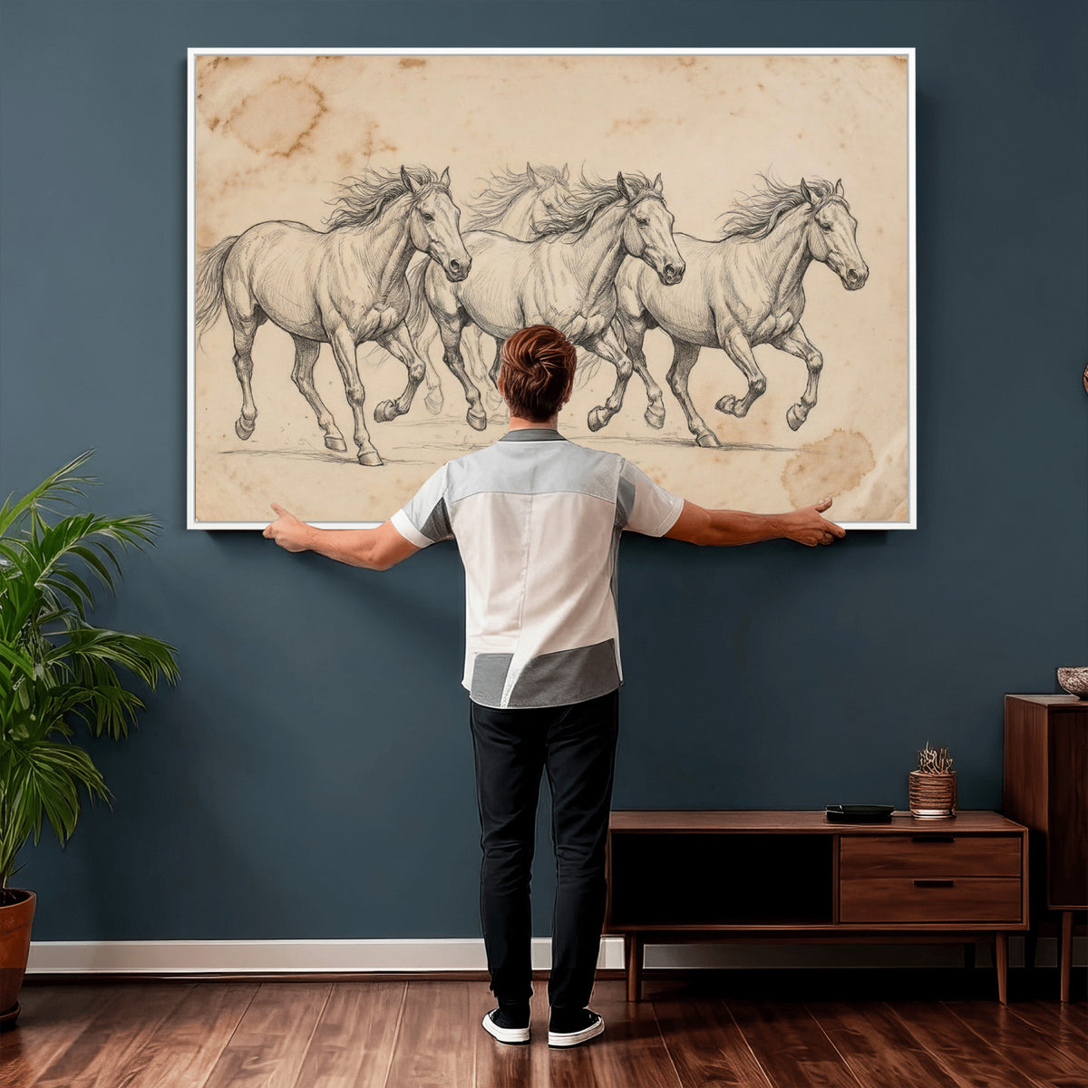 16644391-MGV-CV-36X24 - Vintage Horse Sketch Canvas Wall Art, Wild Horses Pencil Drawing Print, Antique Parchment Western Decor, Equine Sketching, Country Manor Gift