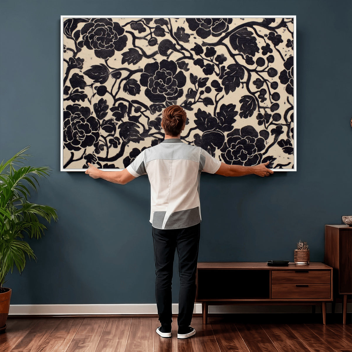 86696255-MGV-CV-36X24 - Vintage Black and Cream Floral Wall Art Canvas Print, Chinoiserie Botanical Painting Print