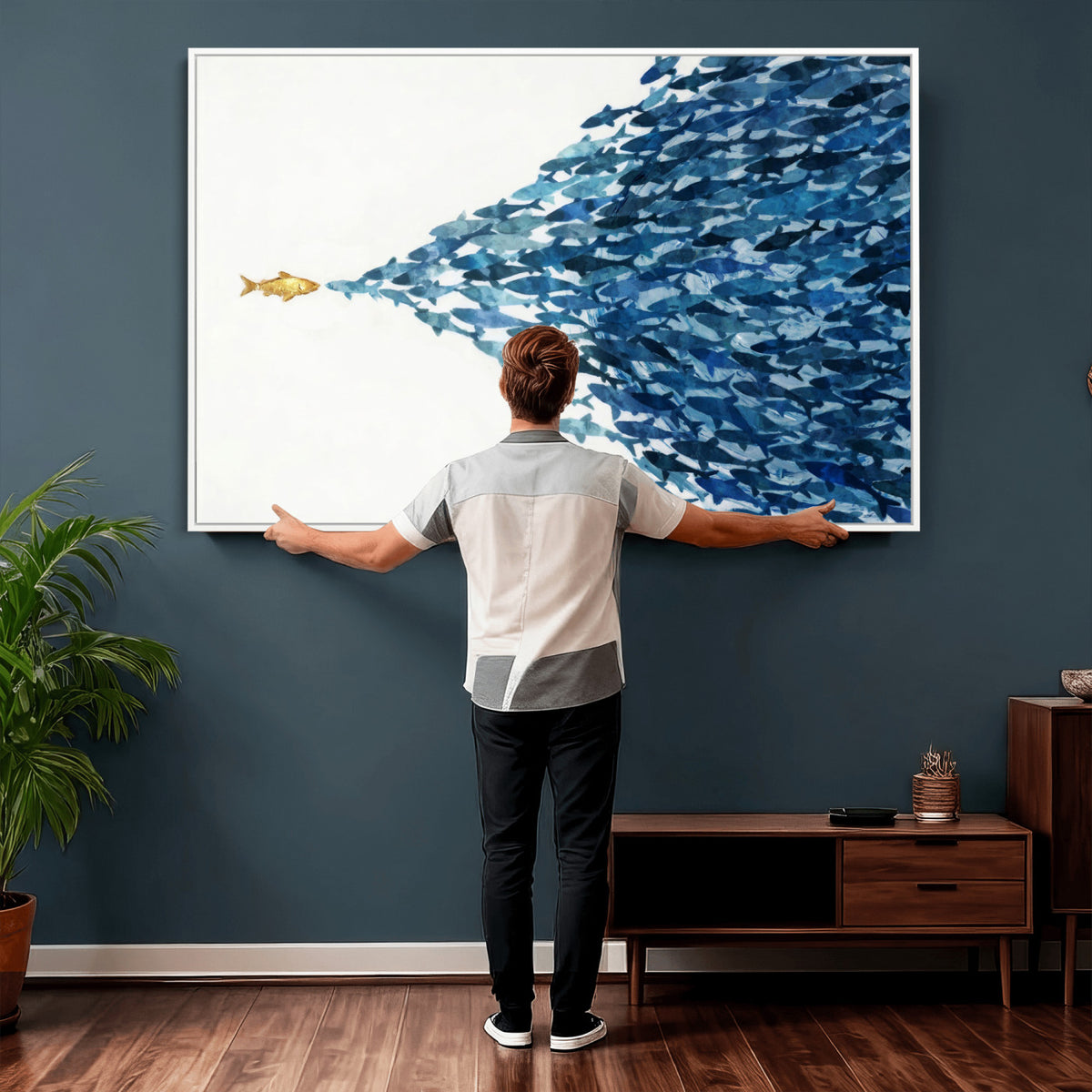 79089639-MGV-CV-36X24 - Abstract Blue Fish School Canvas Wall Art, Gold Foil Accent Marine Print