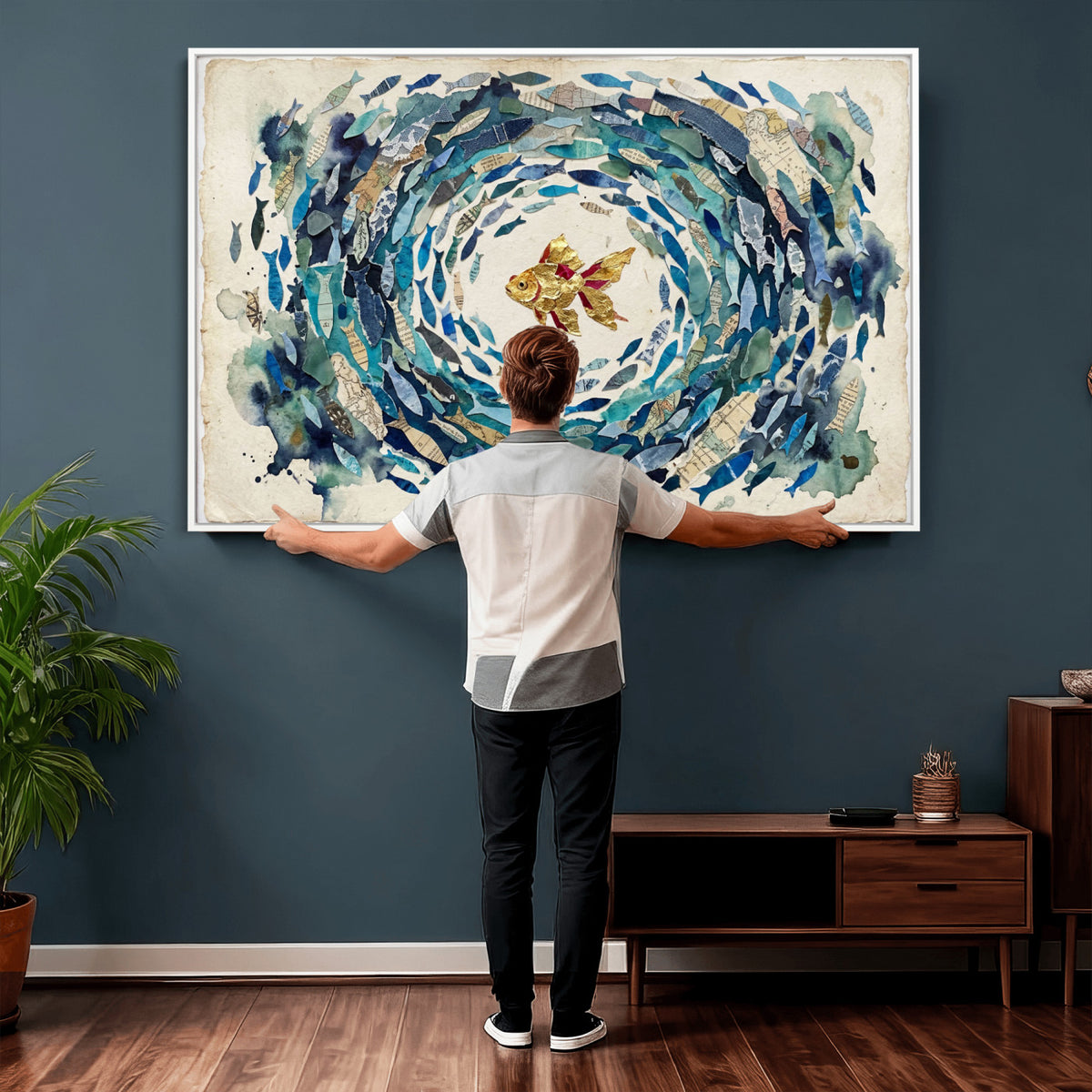 73165663-MGV-CV-36X24 - Mixed Media Blue Fish Swirl Canvas Wall Art, Goldfish Collage Ocean Print