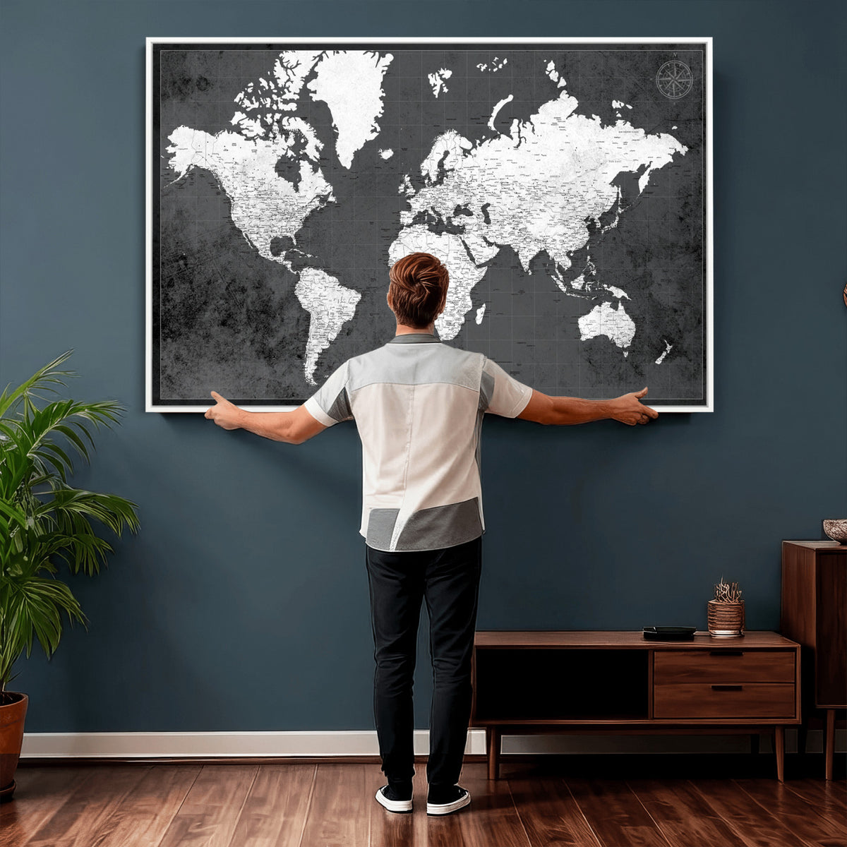 78574966-MGV-CV-36X24 - Extra Large Framed Personalize Push Pin World Map Wall Art Canvas Print for Travel Tracking