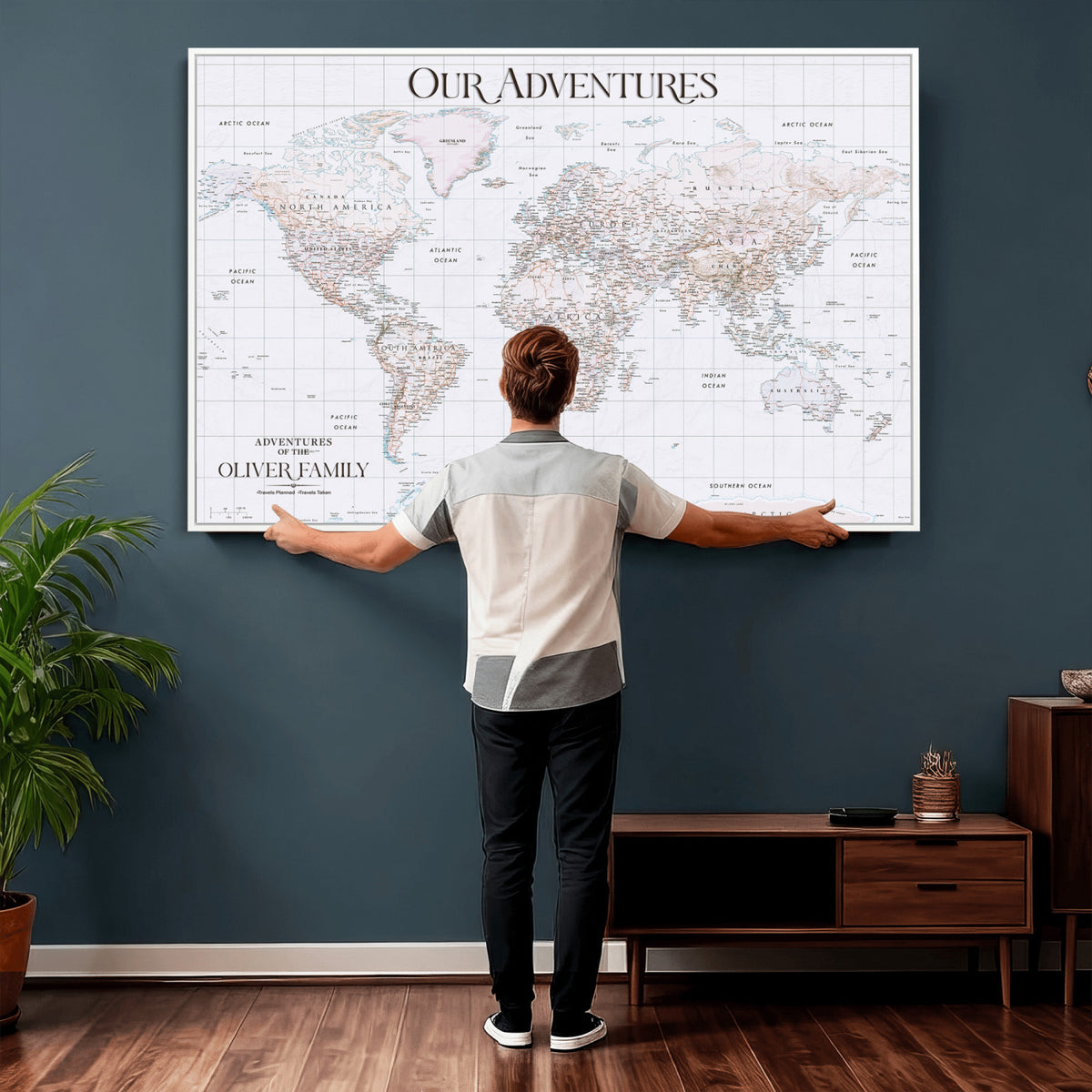 18074626D3DD-MGV-CV-36X24 - Extra Large Framed Personalize Push Pin World Map Wall Art Canvas Print for Travel Tracking NEWMAP - 015