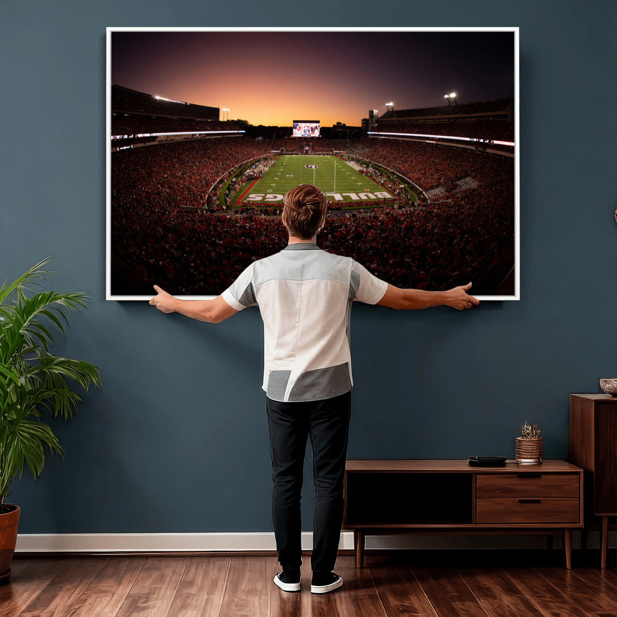 97720998-_Poster-30x20 - Georgia Bulldogs Stadium Sunset Canvas Print 3 Piece Framed Wall Art Extra Large Floating Frame Sports Poster Made in USA