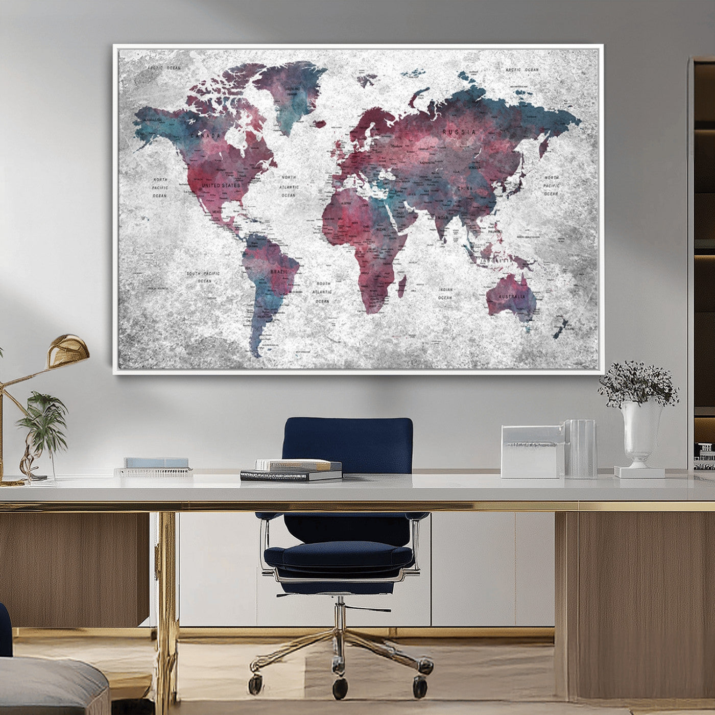 38212-MGV-FC-36X24_White-Modern Red and Gray World Map Canvas Print – Framed Push Pin Wall Art for Couples, Contemporary Travel Map Artwork for Home and Office Decor
