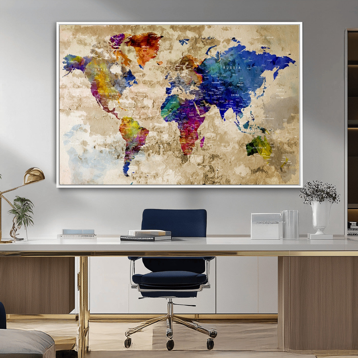 92939-MGV-CV-36X24-Colorful World Map Canvas Wall Art – Abstract Watercolor Map Print, Modern Travel Decor for Home Office or Study