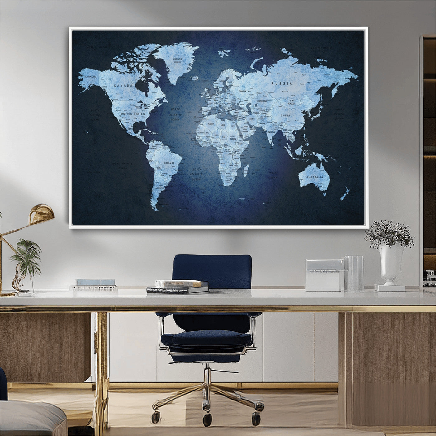 26249-MGV-FC-36X24_White-Blue World Map Canvas Wall Art – Framed Modern Push Pin Travel Map for Home and Office Decor, Elegant Navy Global Wall Artwork for Travelers
