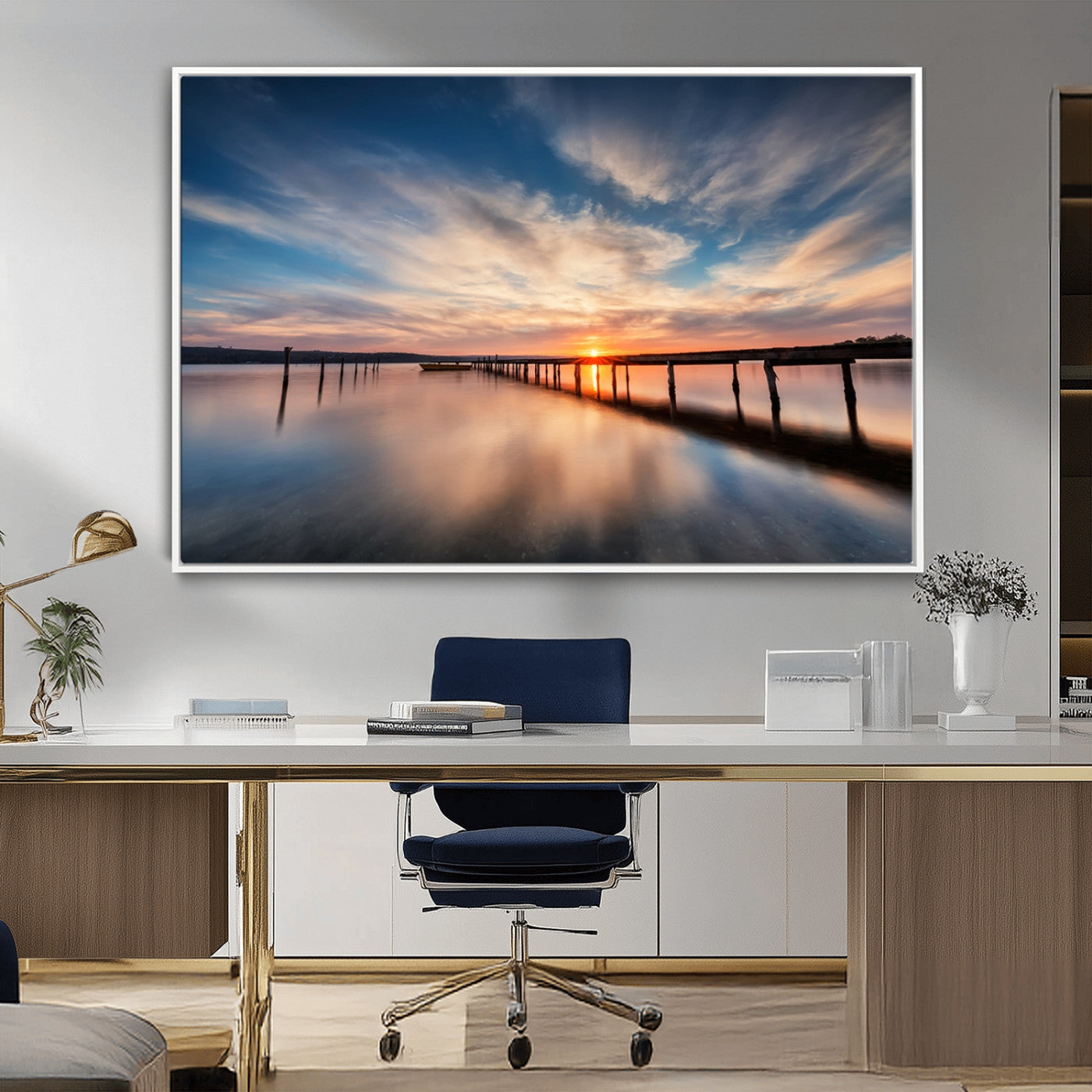 39967-MGV-CV-36X24-Wooden Pier on Seascape and Sunset Wall Art Canvas Print