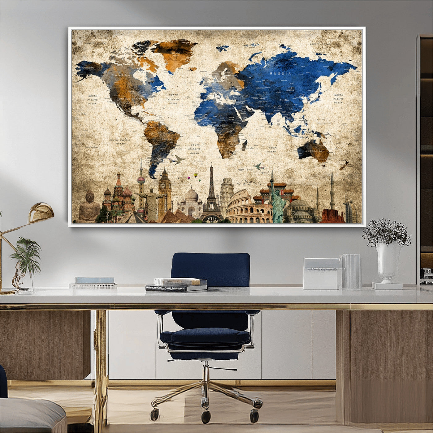 20261-MGV-CV-36X24-World Map Canvas Print – Vintage Blue and Gold World Map Wall Art, Framed Travel Inspired Decor for Living Room or Office