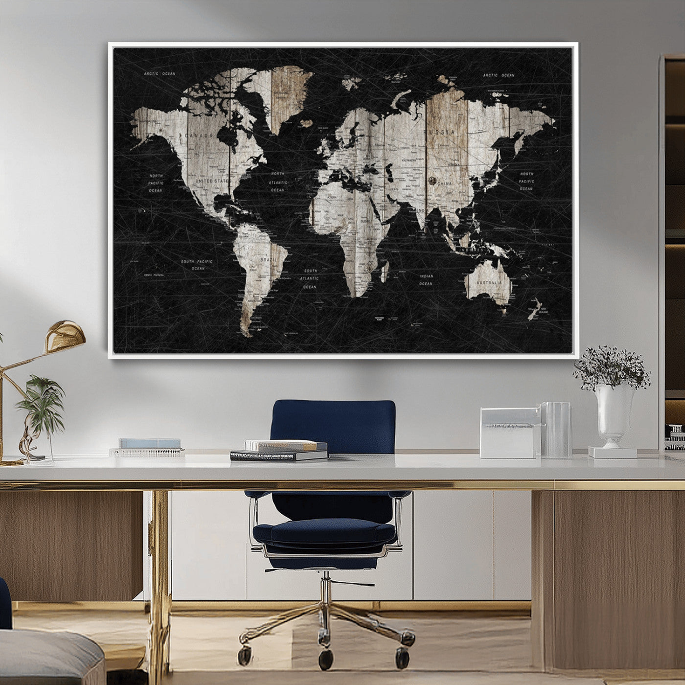 89998-MGV-FC-36X24_White-Rustic Black and Wood World Map Canvas Wall Art – Framed Push Pin Travel Map for Home and Office Decor, Modern Vintage Wall Artwork