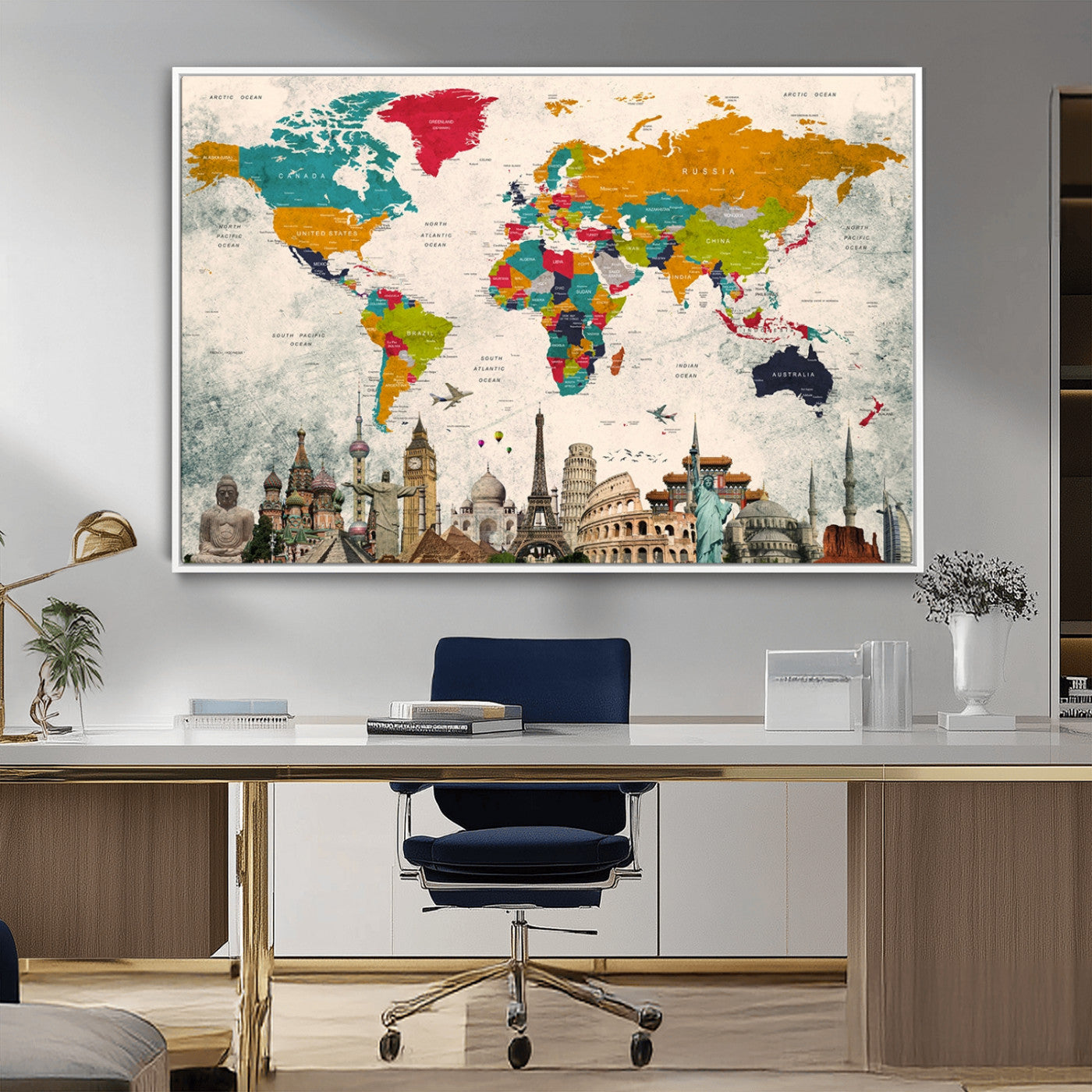 98056-MGV-FC-36X24_White-Colorful World Map Canvas Wall Art with Landmarks – Framed Travel Map Print for Home and Office Decor, Perfect Gift for Travel Lovers