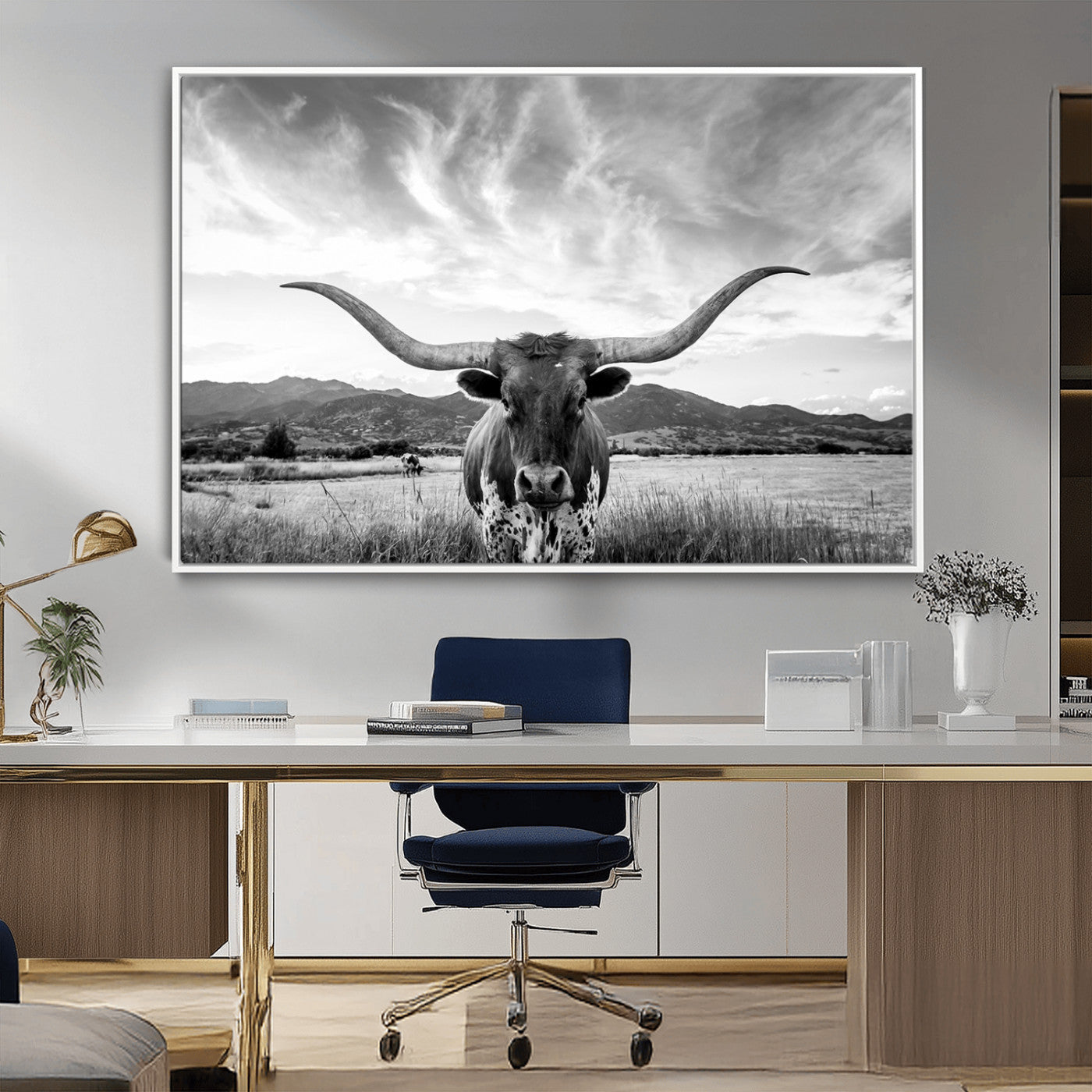 79527-MGV-CV-36X24-Longhorn Black and White Wall Art – Rustic Western Bull Canvas Print, Farmhouse Country Decor for Living Room, Office or Ranch, Cowboy Wall Artwork
