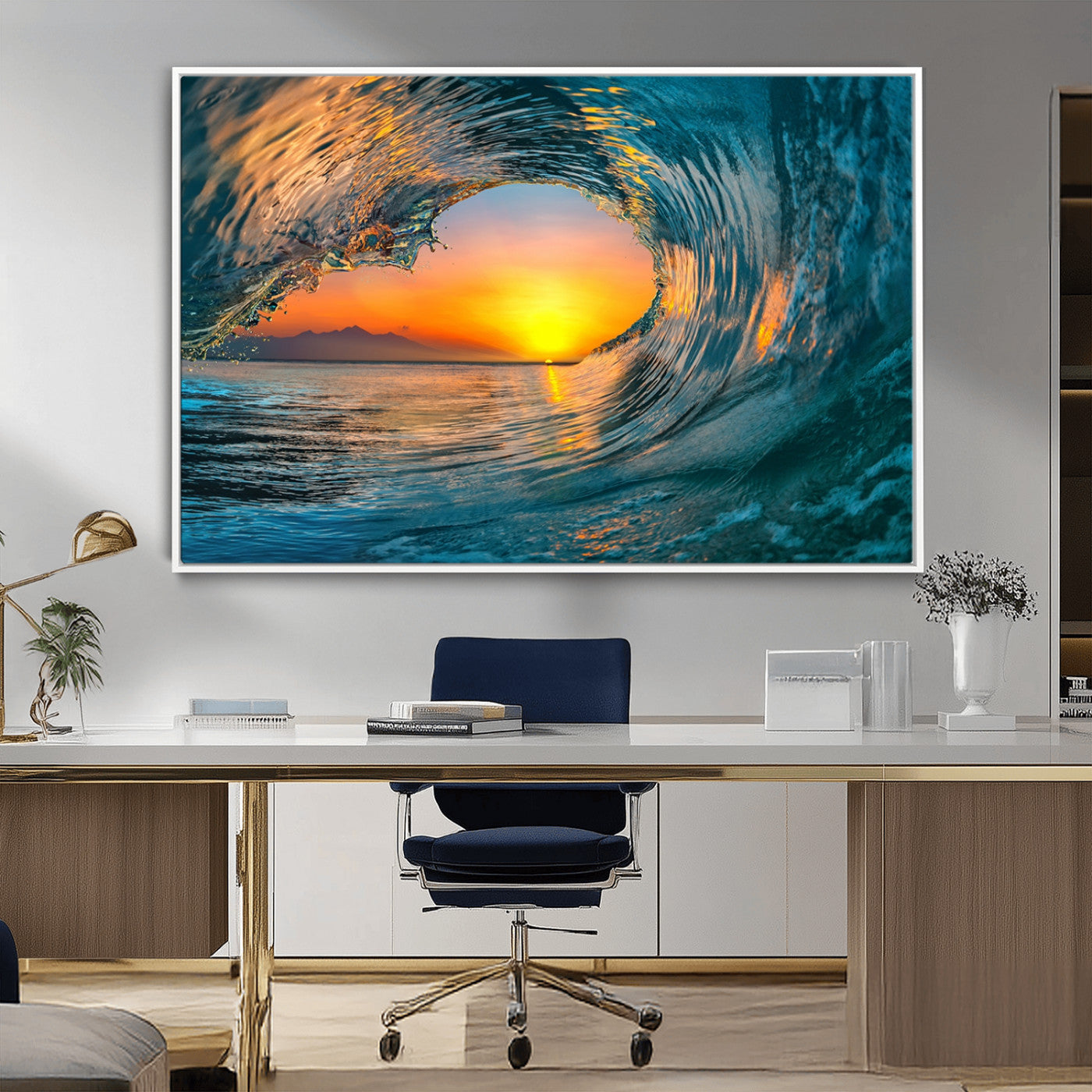 84279-MGV-CV-36X24-Ocean Wave Sunset Wall Art | Large Coastal Wave Canvas Print | 3-Panel Ocean Sunset Seascape for